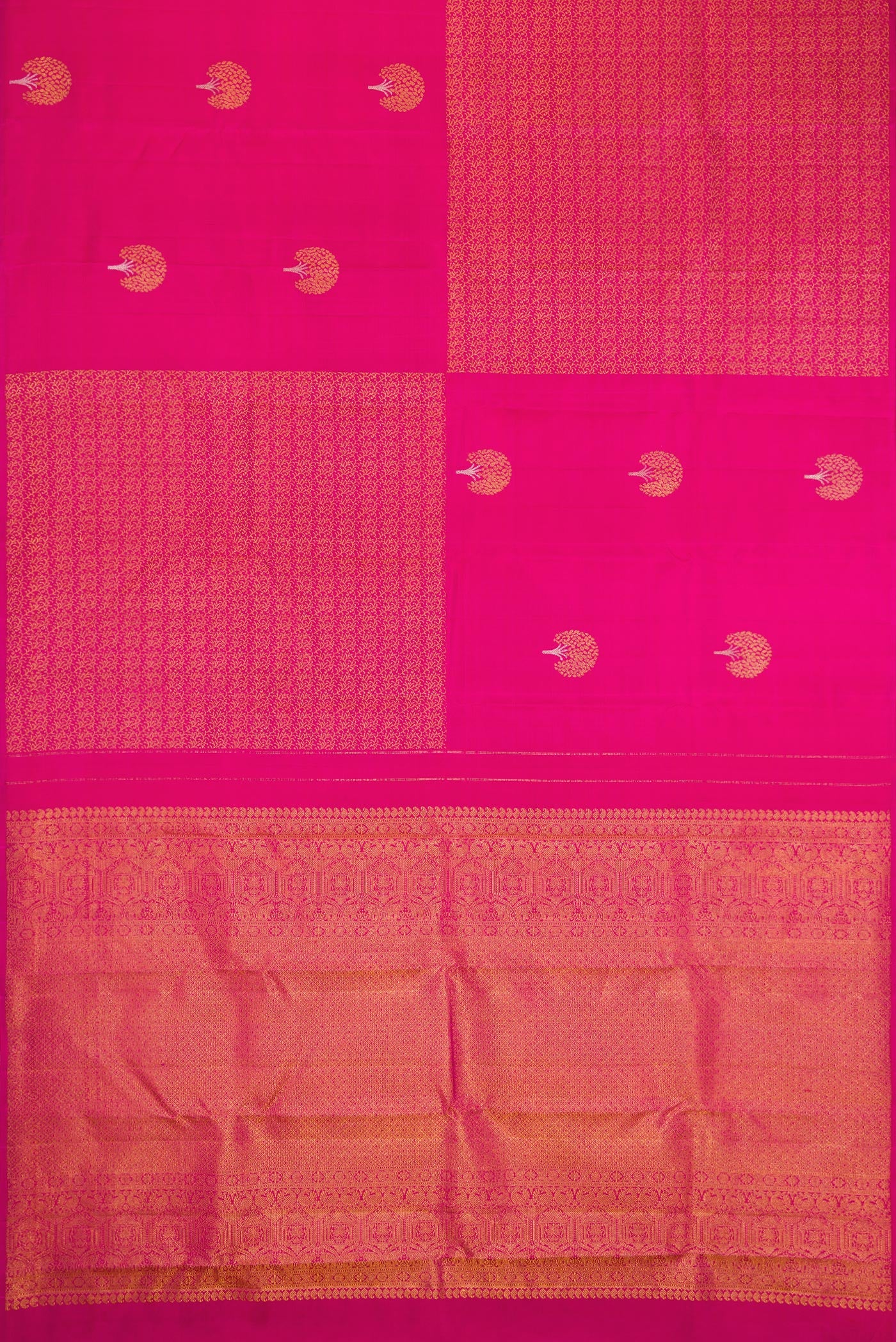 Flat view of Dark Pink Dual Tone Kanjivaram Silk Saree with Zari Butta on the body and Without Border. 