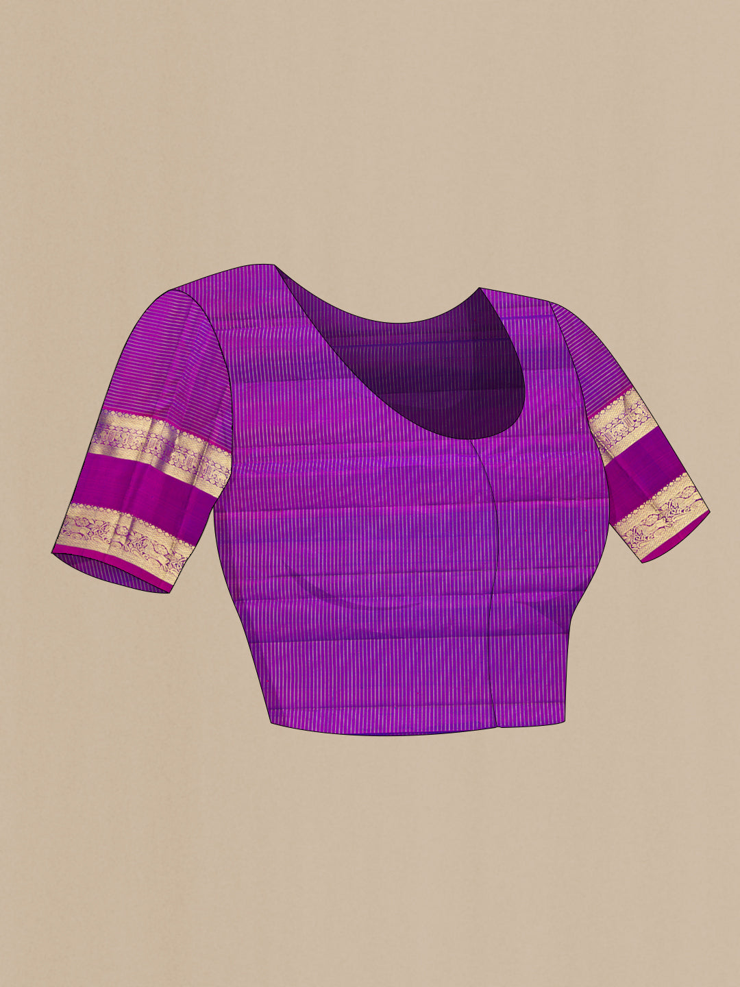 Close up image of the blouse of Peacock Blue Dual Tone Kanchipuram Silk Saree with Checked design on the body and Zari Border. 
