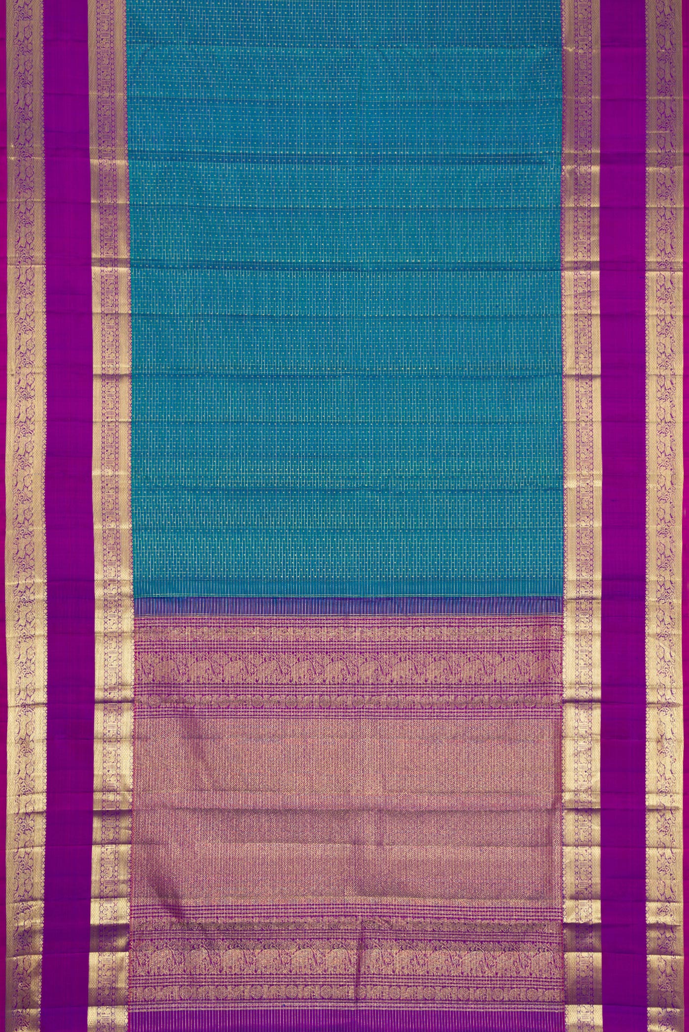 Flat view of Peacock Blue Dual Tone Kanchipuram Silk Saree with Checked design on the body and Zari Border. 