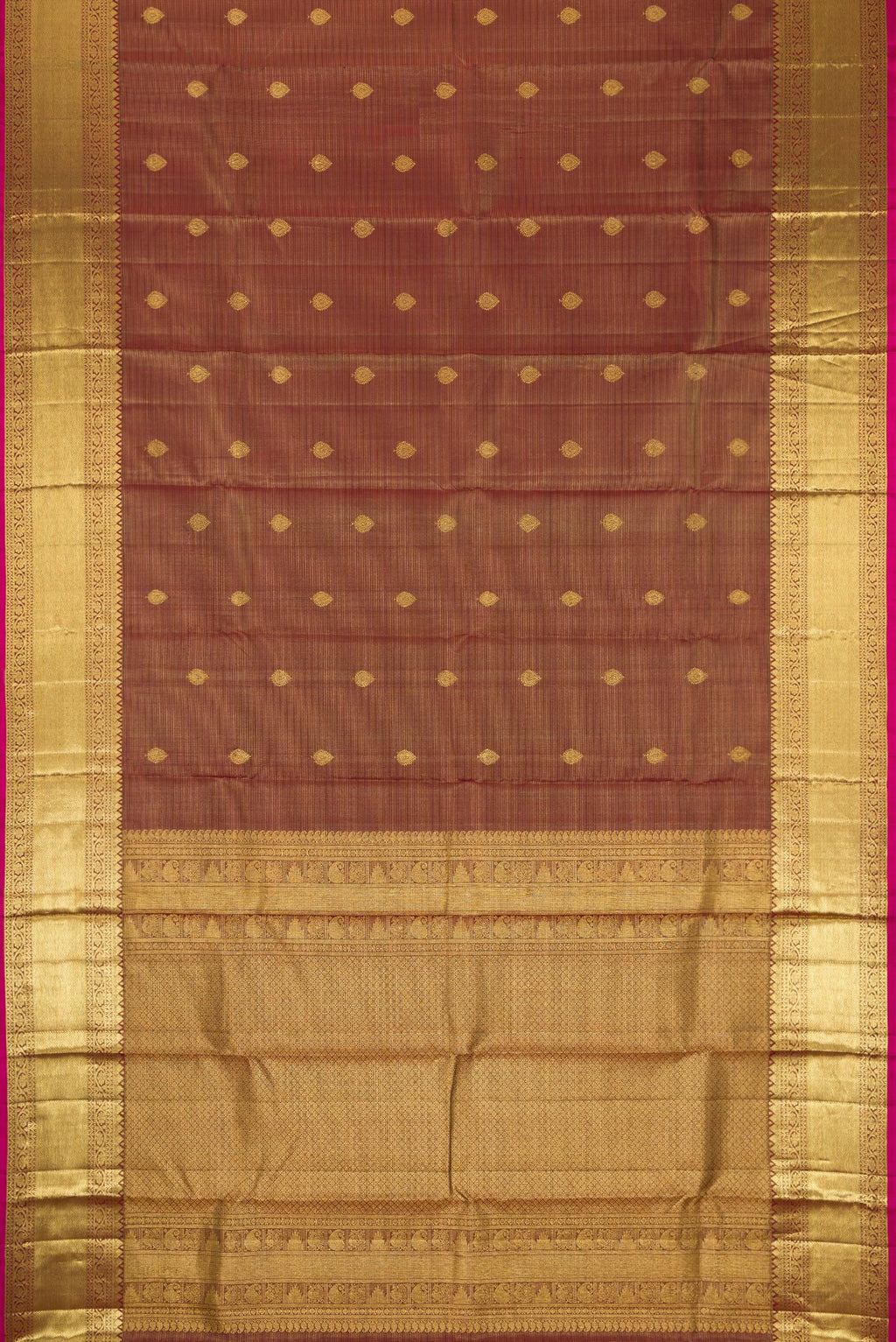 Flat view of Brown Dual Tone Kanchipuram Silk Saree with Stripes on the body and Zari Border. 