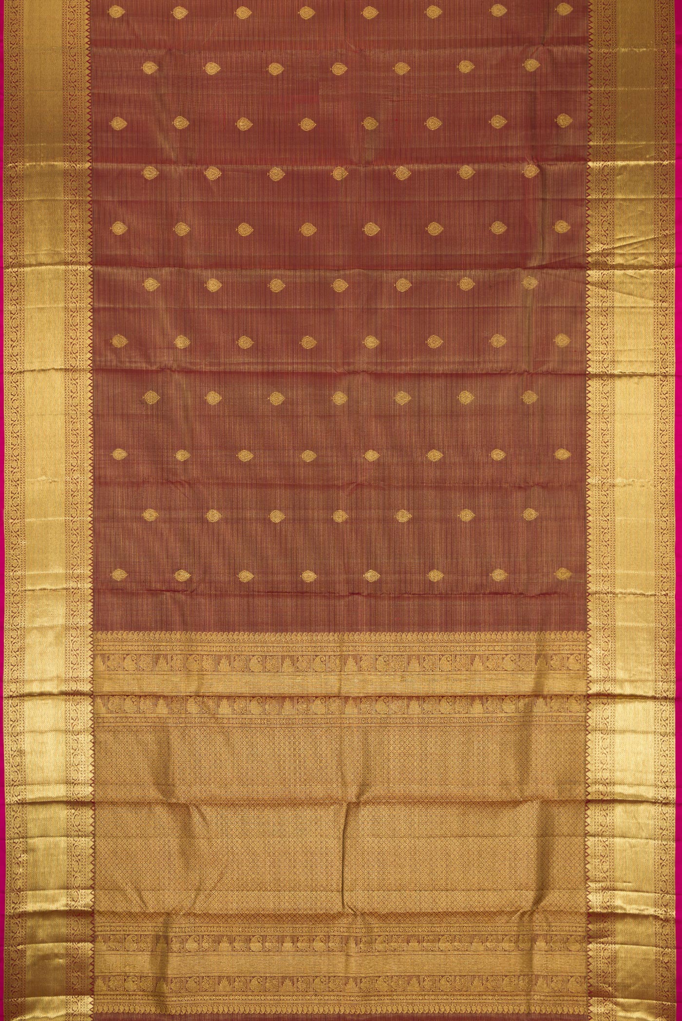 Flat view of Brown Dual Tone Kanchipuram Silk Saree with Stripes on the body and Zari Border. 