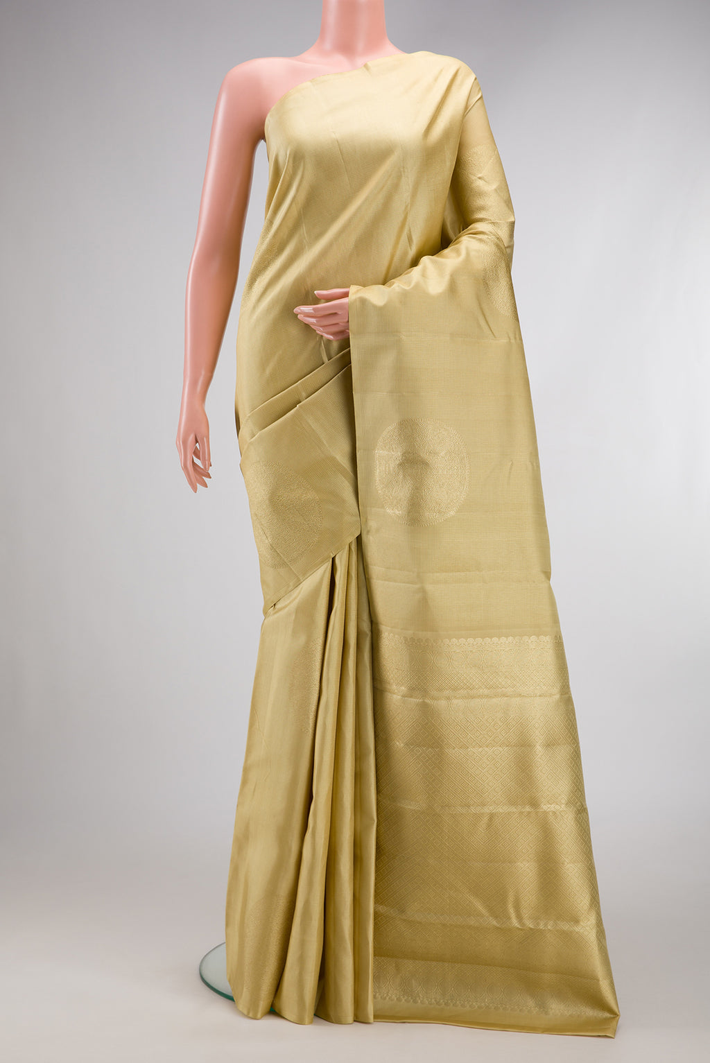 Sandal Kanjivaram Silk Saree with Stripes on the body and Without Border.  displayed on a mannequin
