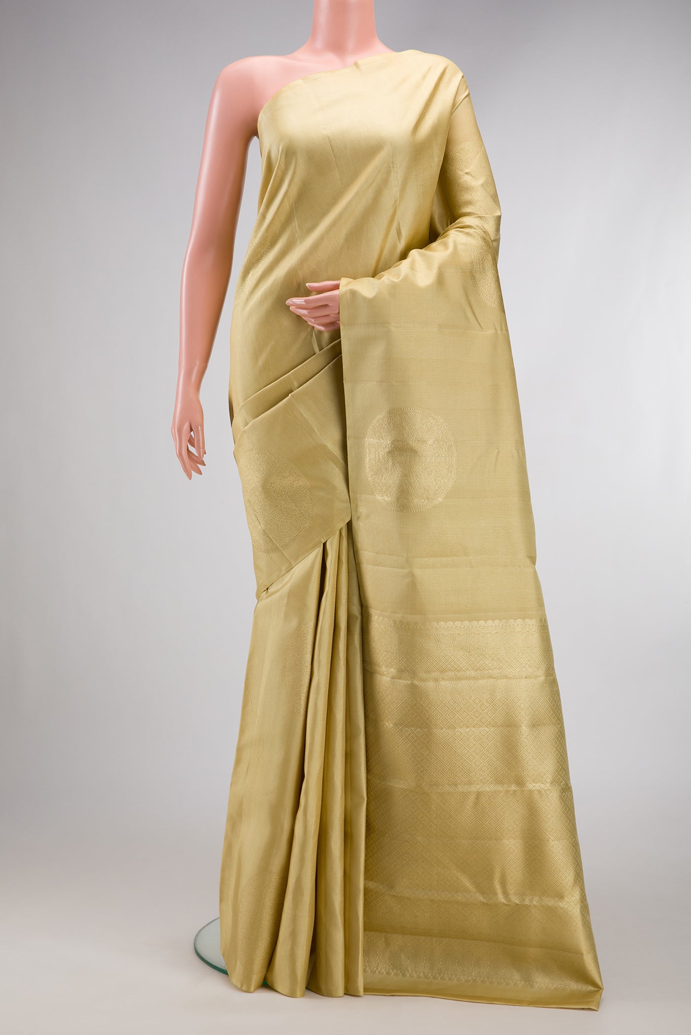 Sandal Kanjivaram Silk Saree with Stripes on the body and Without Border.  displayed on a mannequin