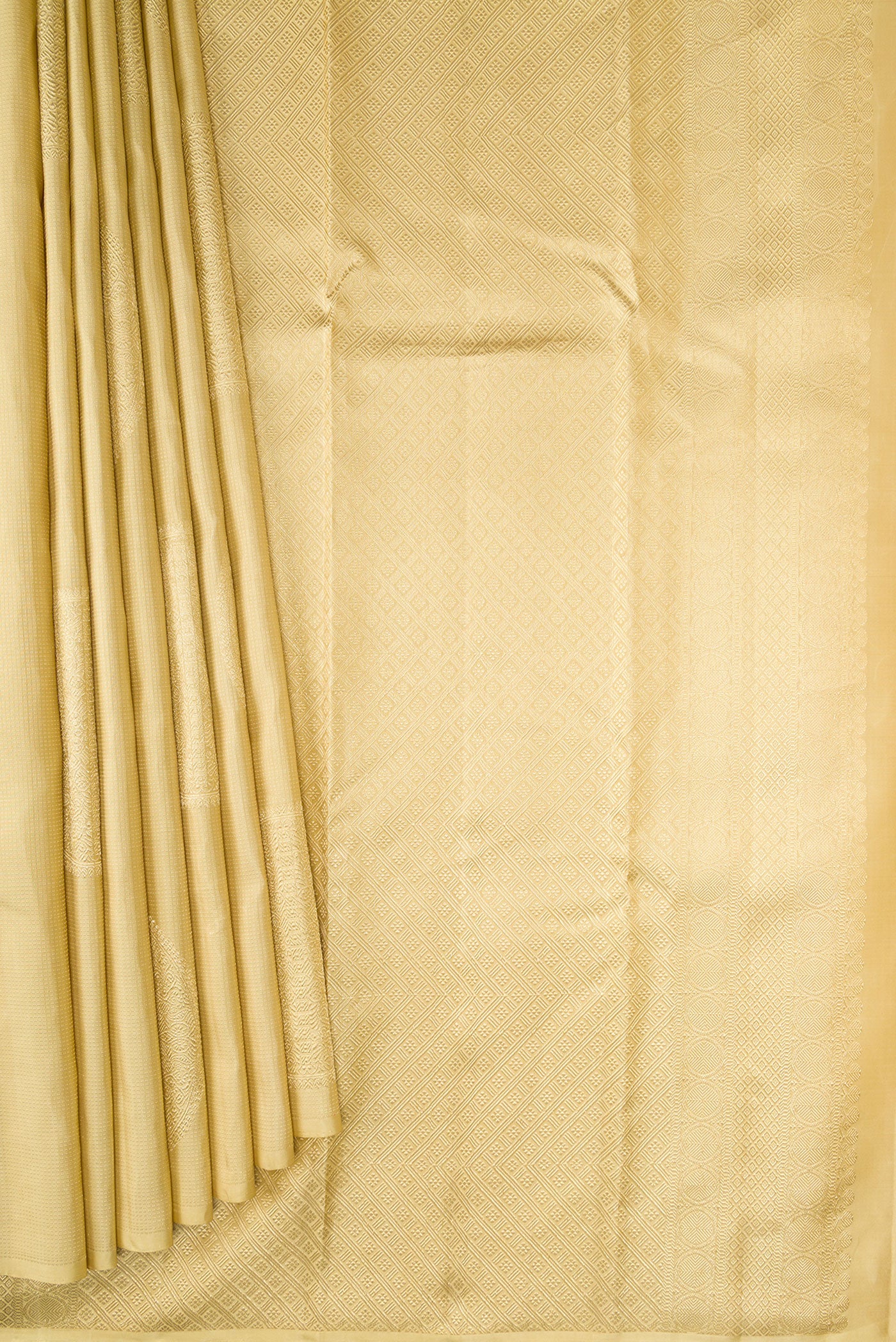 Pleats and pallu of Sandal Kanjivaram Silk Saree with Stripes on the body and Without Border. 