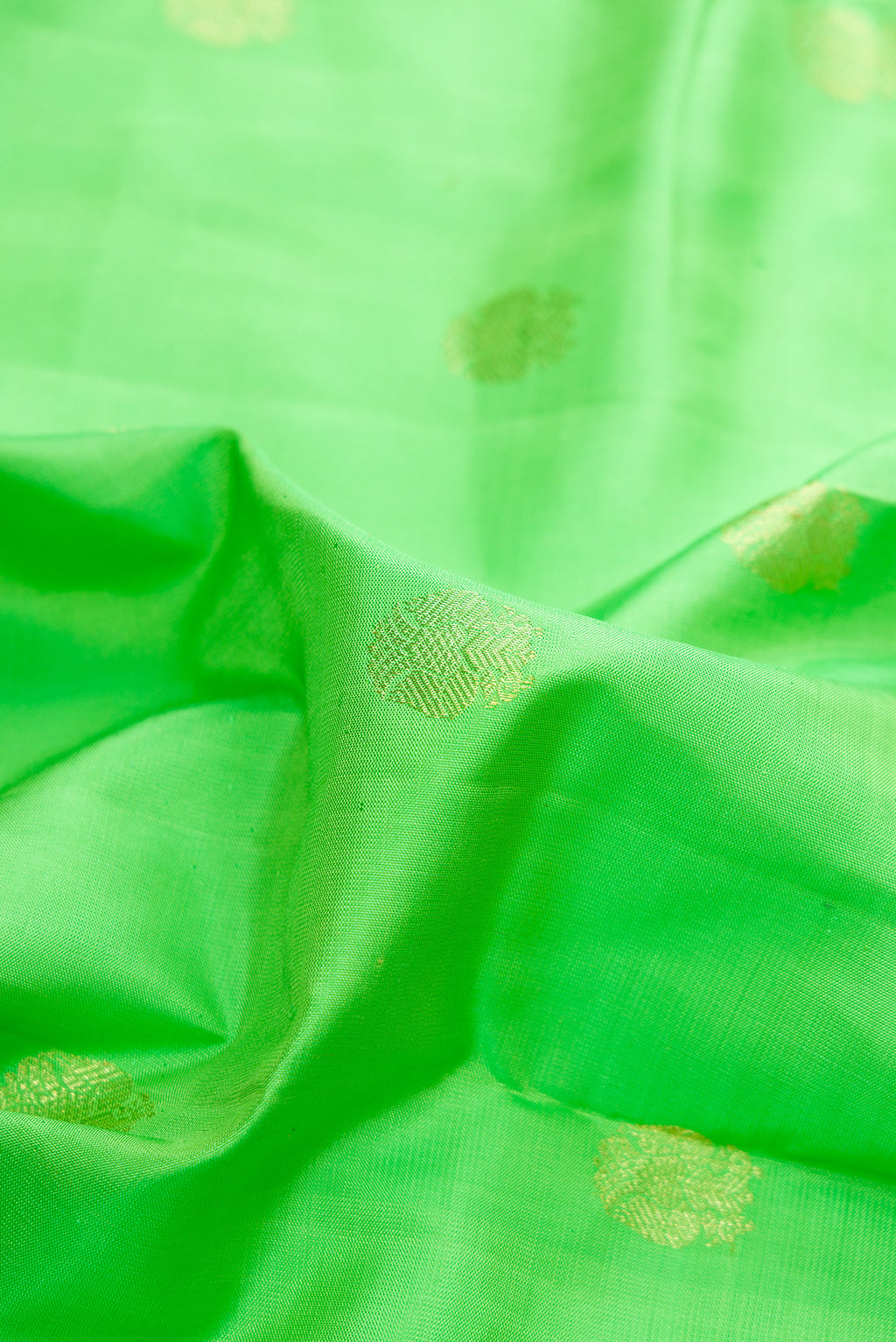 Close up of Pure Silk Parrot Green Kanjivaram Saree with Zari Butta on the body and Zari Border.  displaying folds