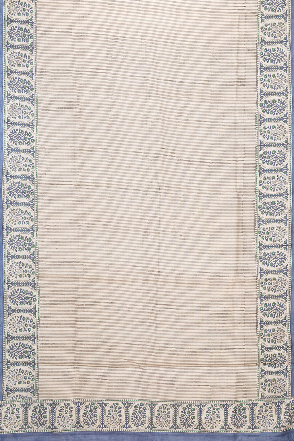 Flat view of Beige Dual Tone Tussar Silk Saree with Stripes on the body and Embroidery Border. 