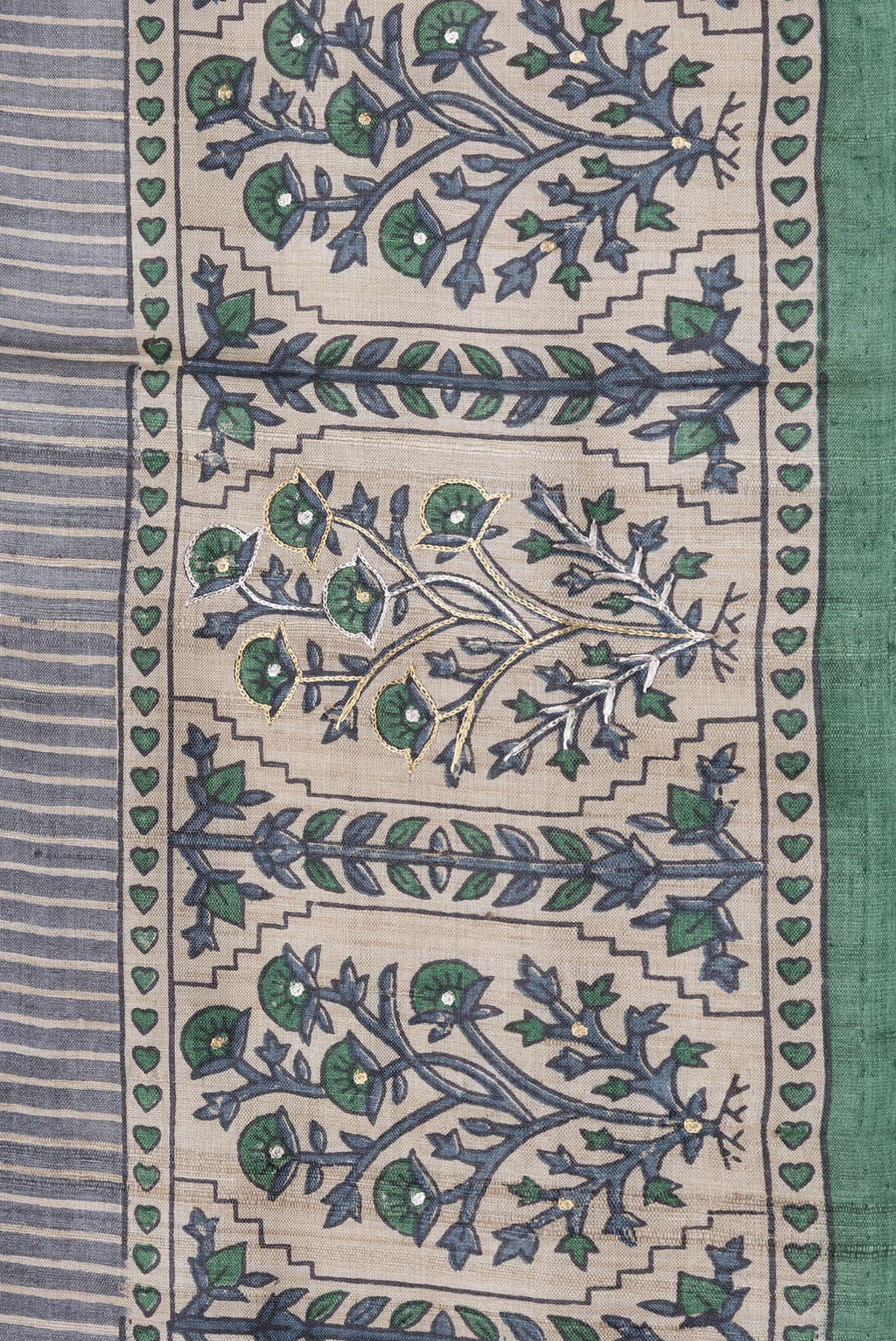 Border image of Grey Dual Tone Tussar Silk Saree with Stripes on the body and Embroidery Border. 