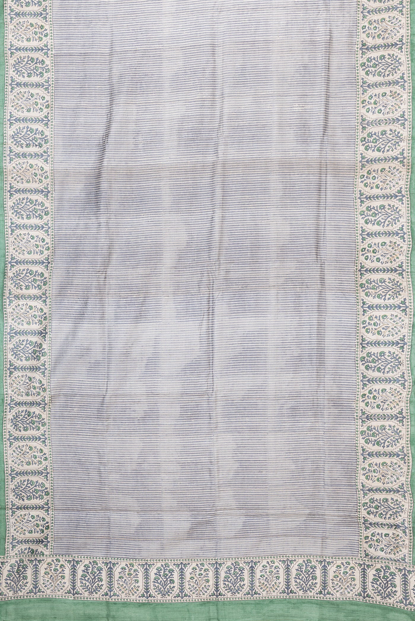 Flat view of Grey Dual Tone Tussar Silk Saree with Stripes on the body and Embroidery Border. 