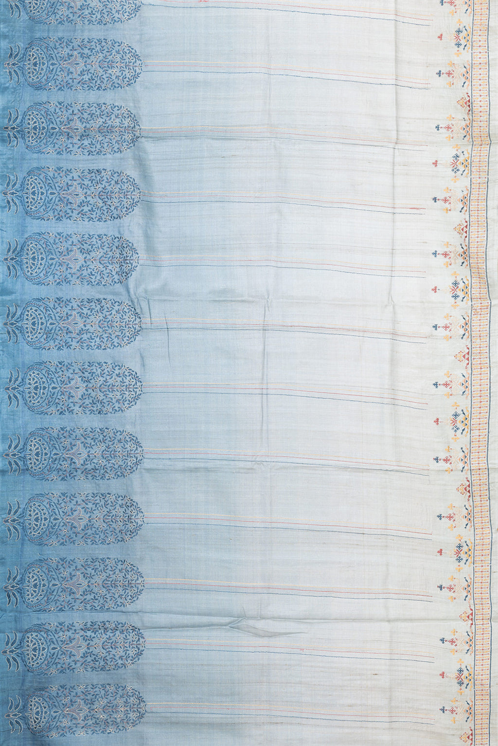 Flat view of Grey Dual Tone Tussar Silk Saree with Embroidery on the body and Fancy Border. 