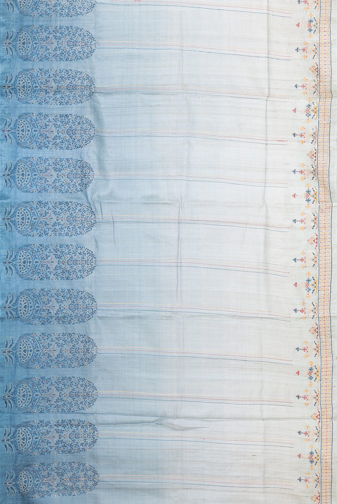 Flat view of Grey Dual Tone Tussar Silk Saree with Embroidery on the body and Fancy Border. 