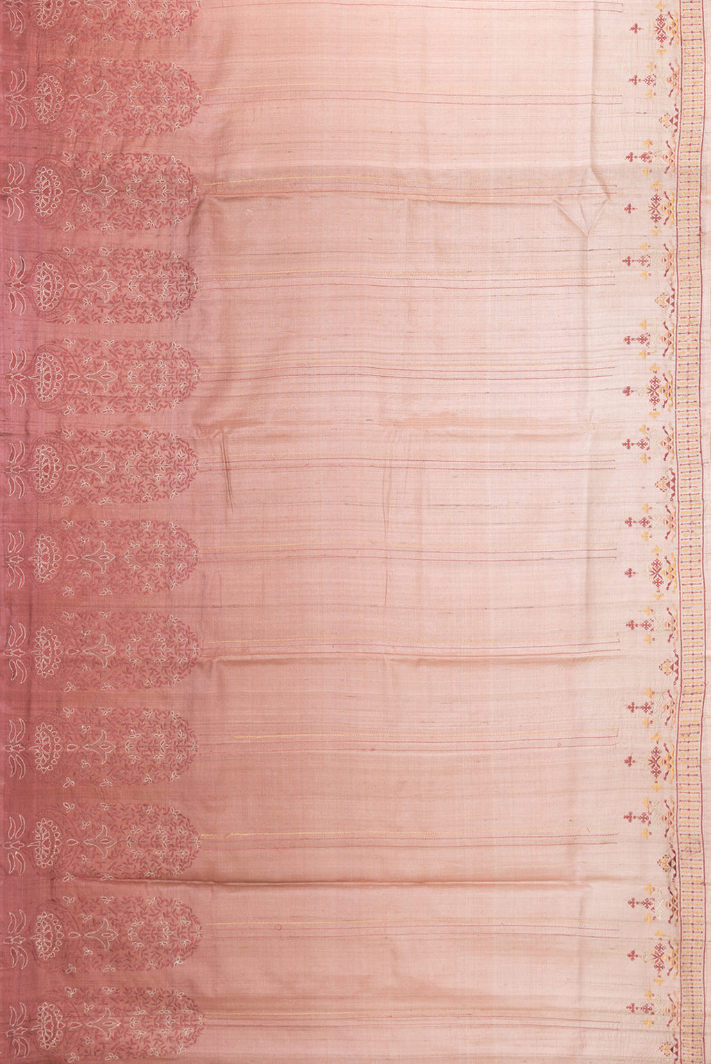 Flat view of Rose Gold Dual Tone Tussar Silk Saree with Embroidery on the body and Fancy Border. 