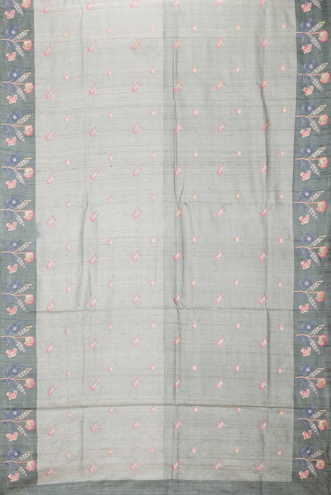 Flat view of Grey Dual Tone Tussar Silk Saree with Thread Butta on the body and Embroidery Border. 