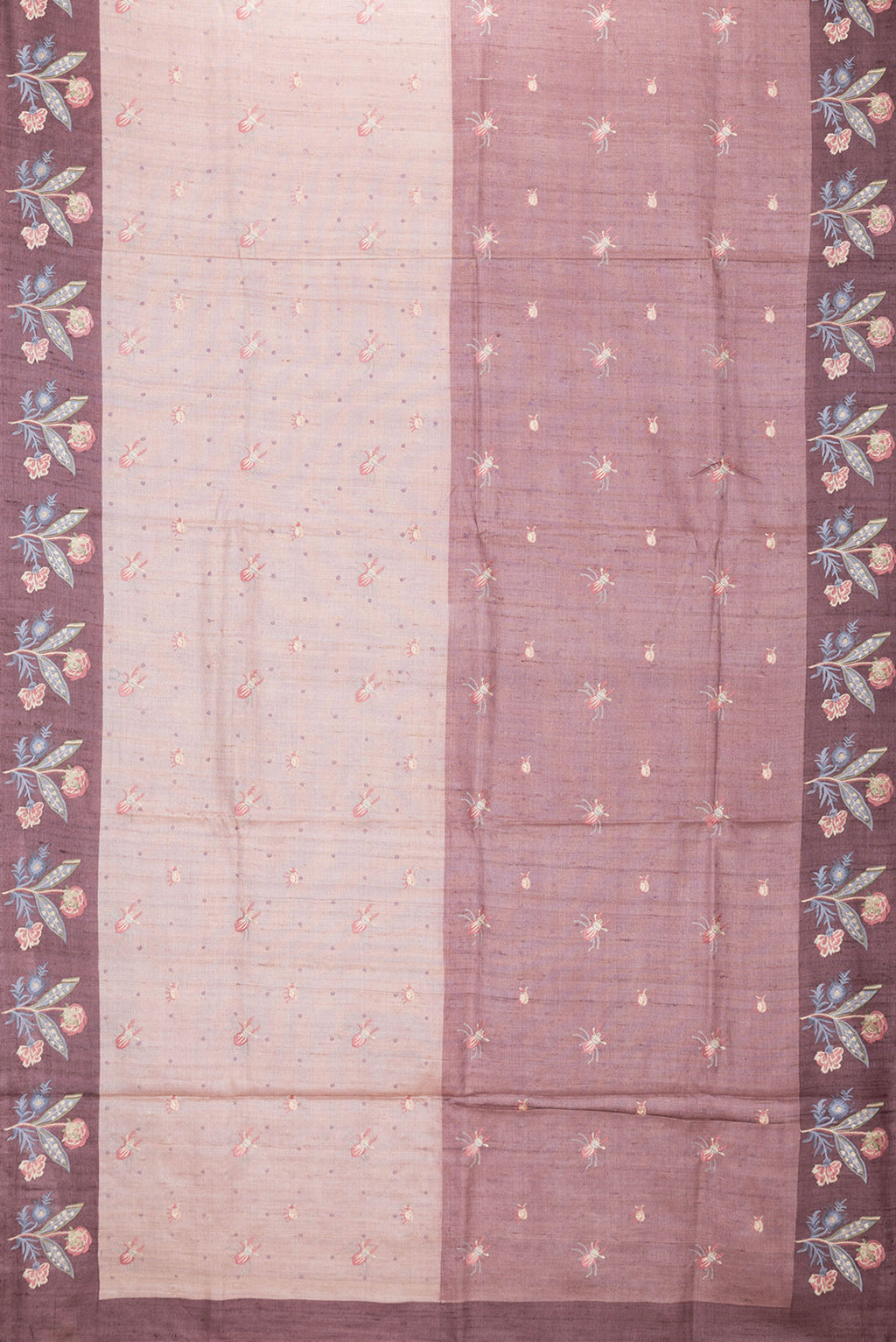 Flat view of Pink Dual Tone Tussar Silk Saree with Thread Butta on the body and Embroidery Border. 
