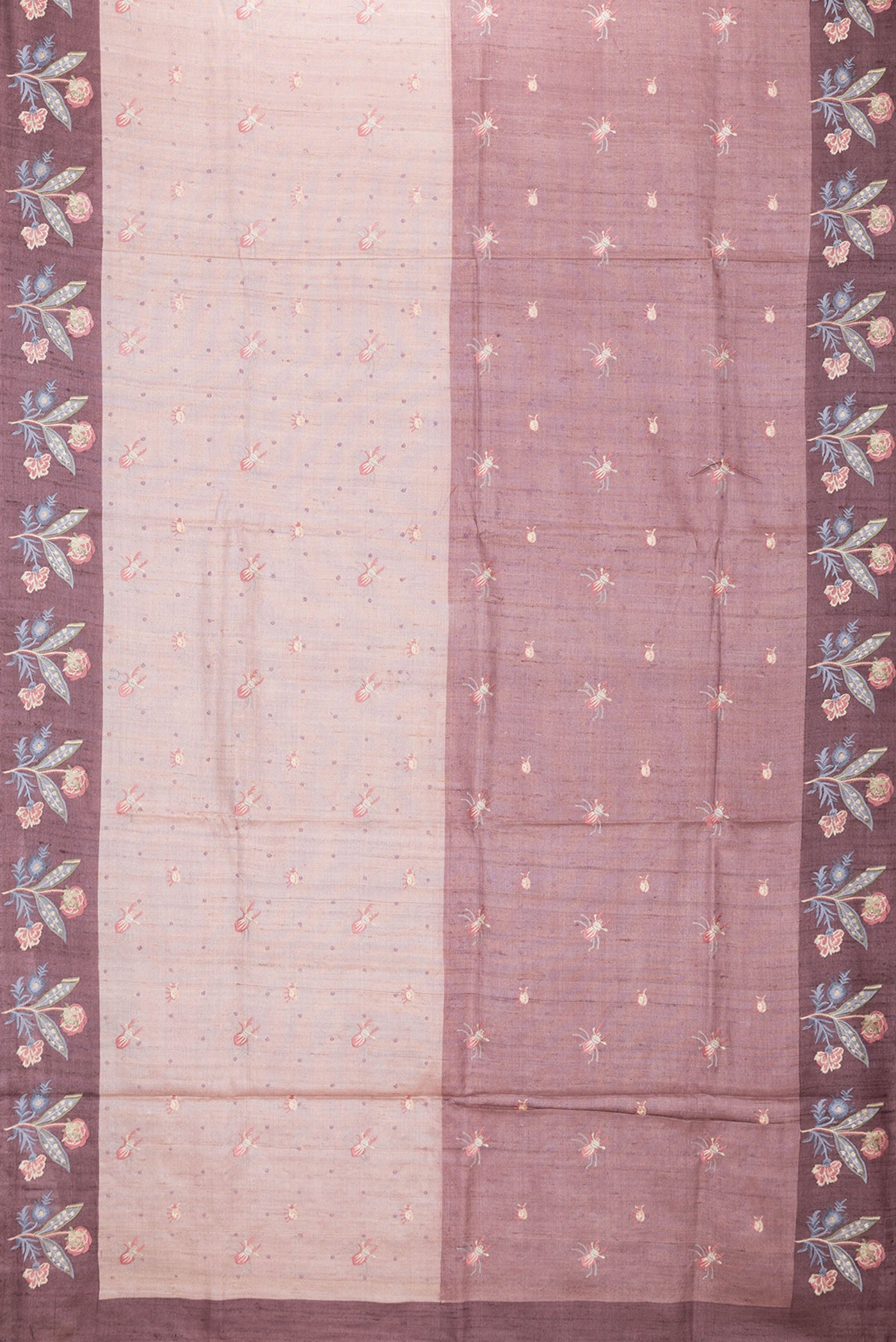 Flat view of Pink Dual Tone Tussar Silk Saree with Thread Butta on the body and Embroidery Border. 