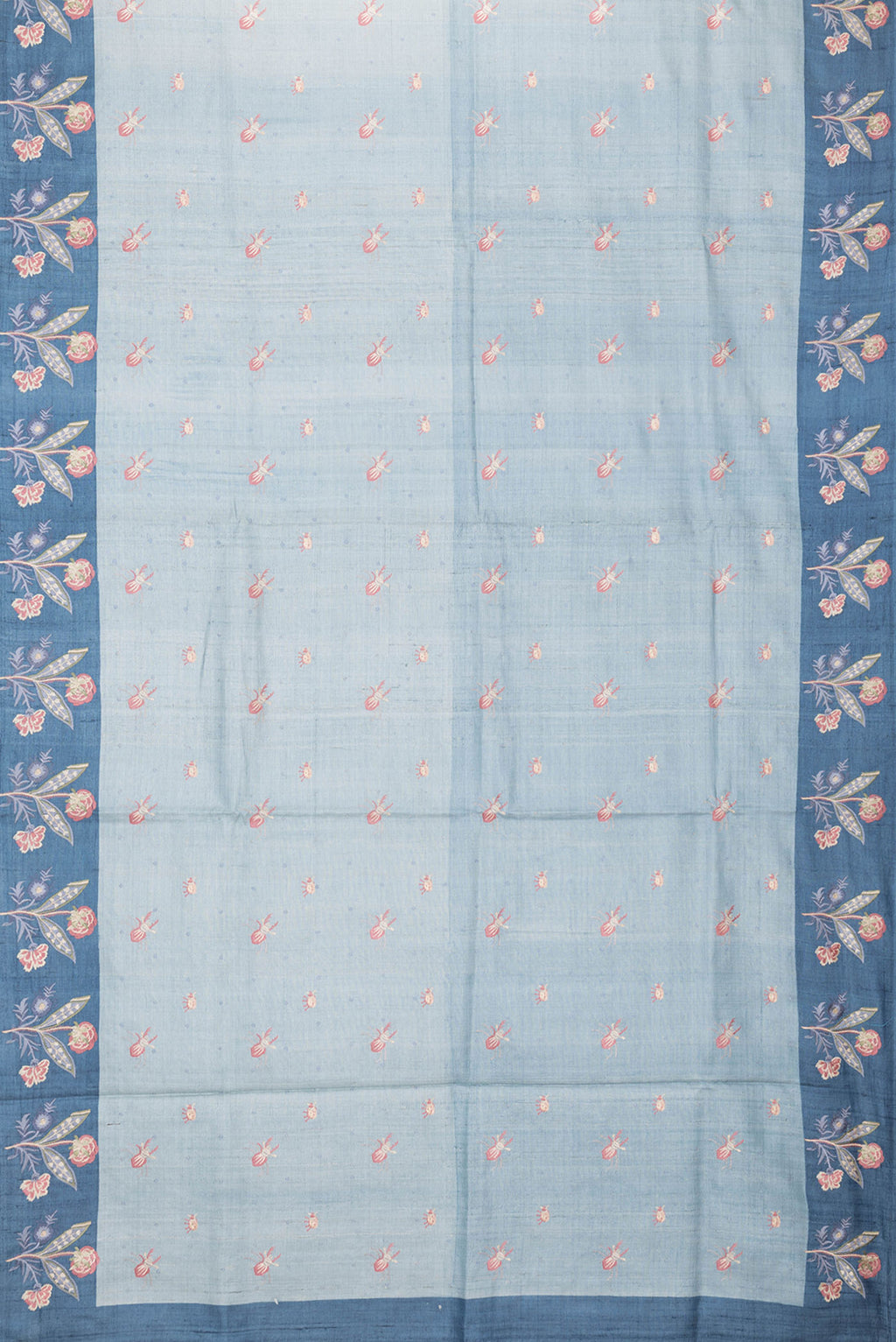 Flat view of Grey Dual Tone Tussar Silk Saree with Thread Butta on the body and Embroidery Border. 