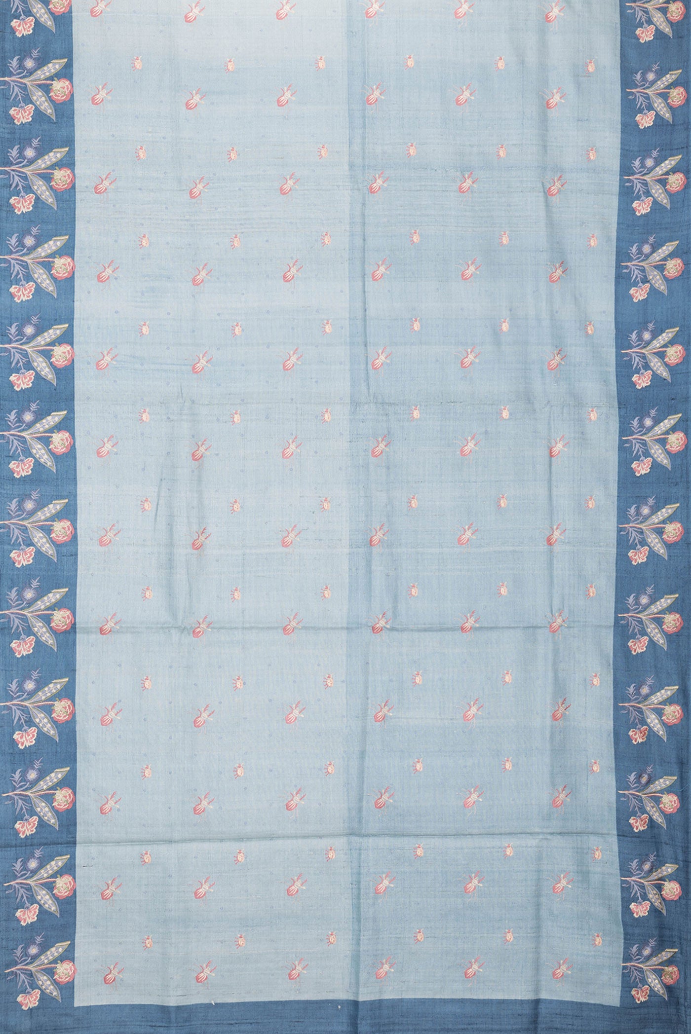 Flat view of Grey Dual Tone Tussar Silk Saree with Thread Butta on the body and Embroidery Border. 