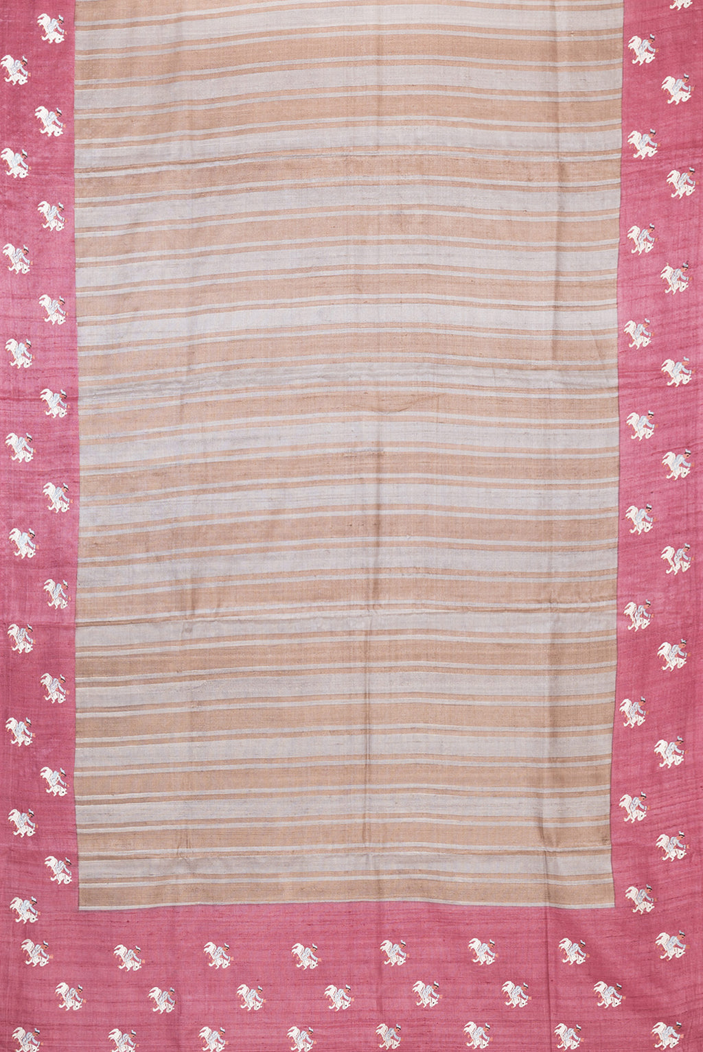 Flat view of Grey Dual Tone Tussar Silk Saree with Stripes on the body and Embroidery Border. 