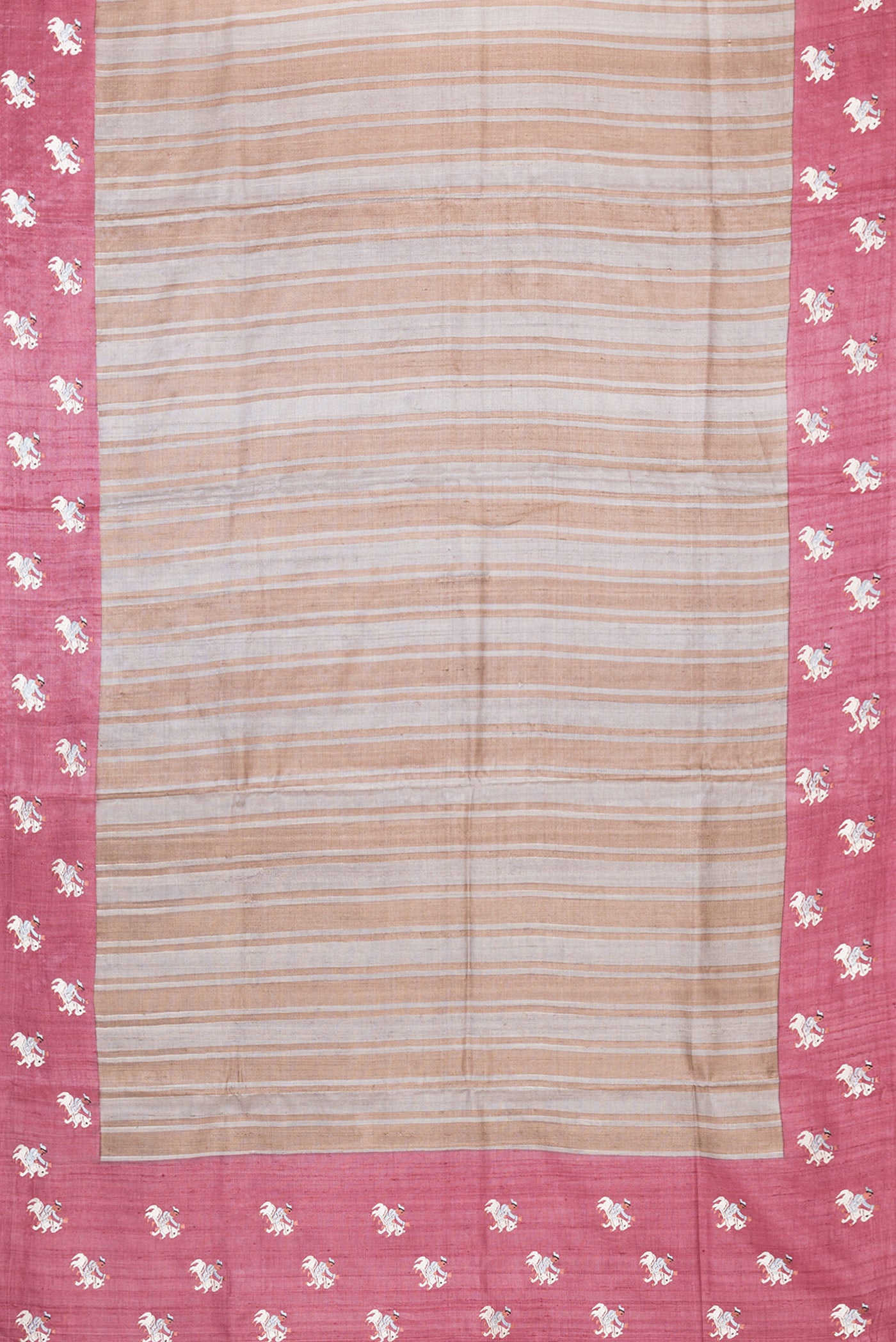 Flat view of Grey Dual Tone Tussar Silk Saree with Stripes on the body and Embroidery Border. 