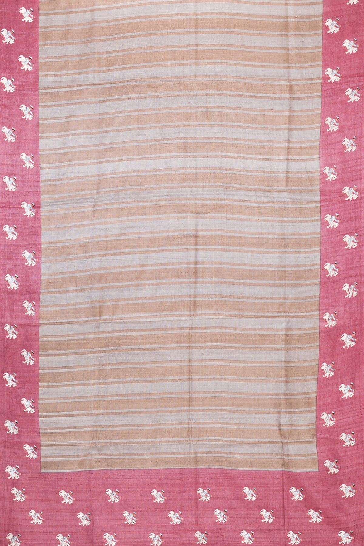 Flat view of Grey Dual Tone Tussar Silk Saree with Stripes on the body and Embroidery Border. 