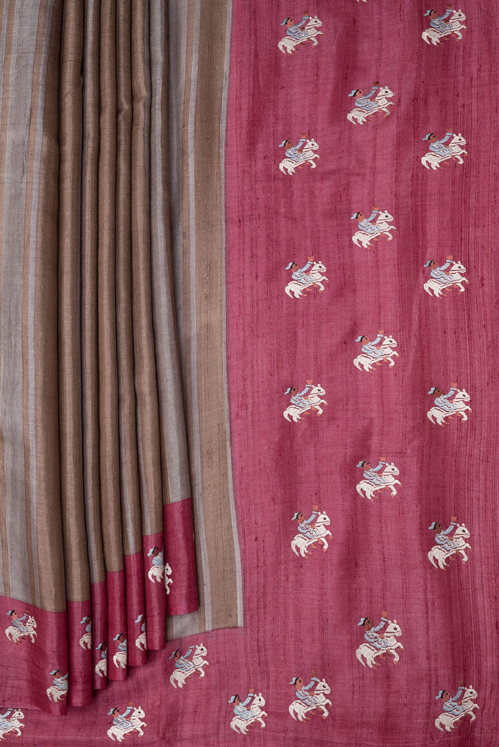 Pleats and pallu of Grey Dual Tone Tussar Silk Saree with Stripes on the body and Embroidery Border. 