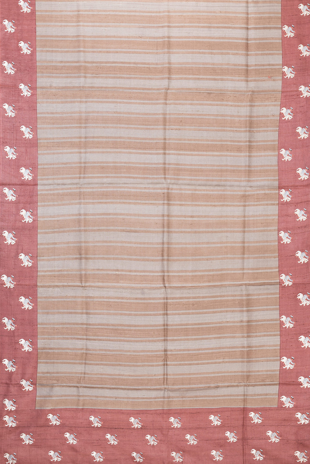 Flat view of Grey Dual Tone Tussar Silk Saree with Stripes on the body and Embroidery Border. 