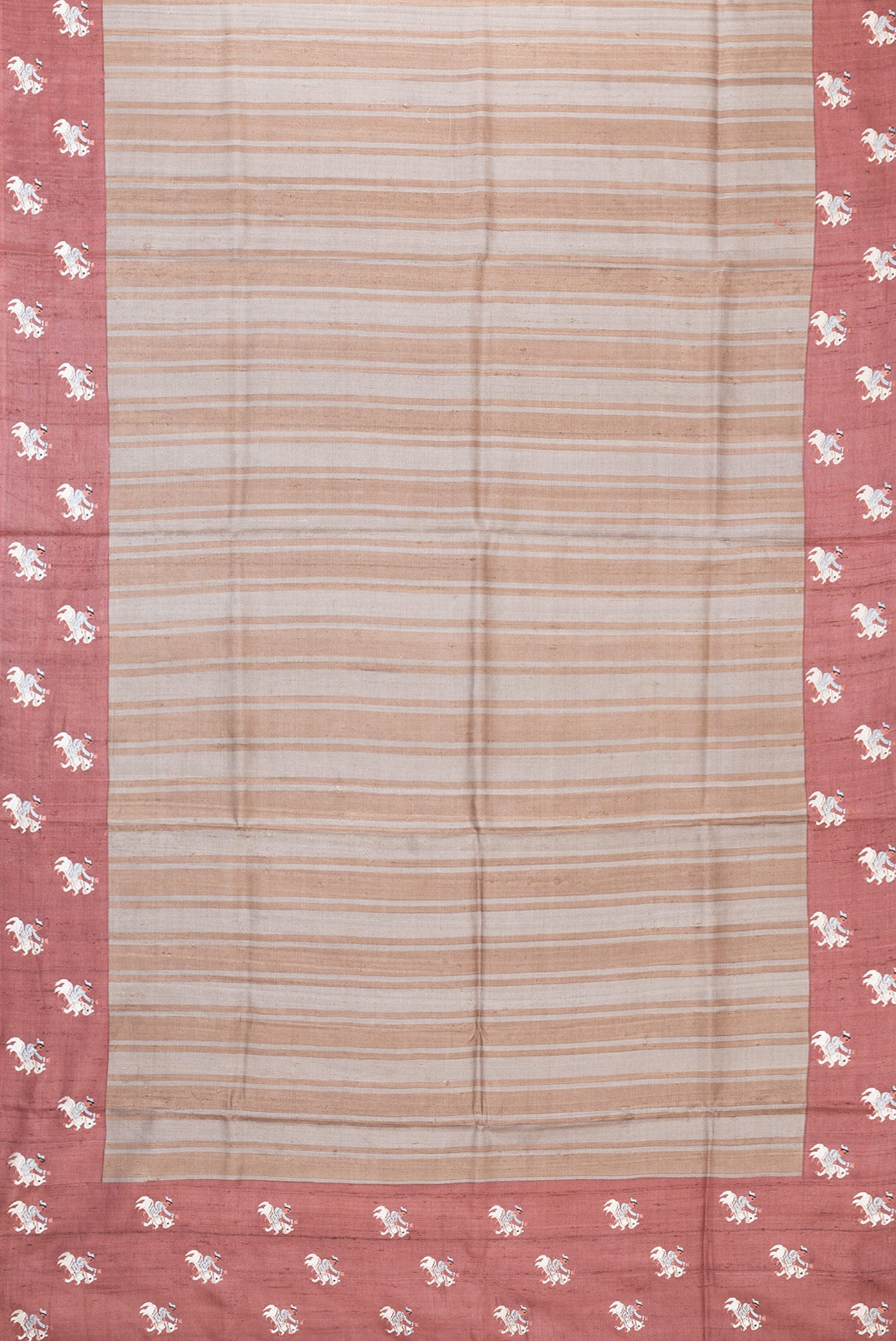 Flat view of Grey Dual Tone Tussar Silk Saree with Stripes on the body and Embroidery Border. 