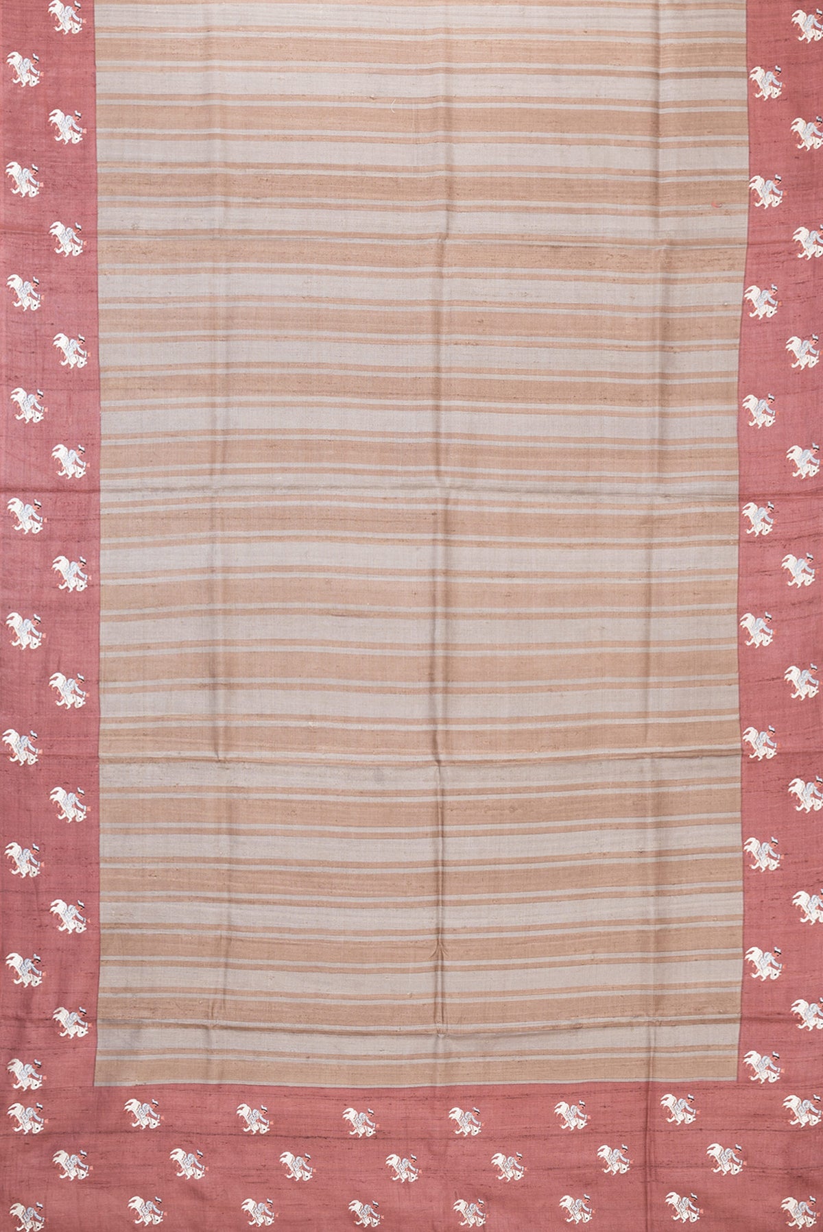 Flat view of Grey Dual Tone Tussar Silk Saree with Stripes on the body and Embroidery Border. 