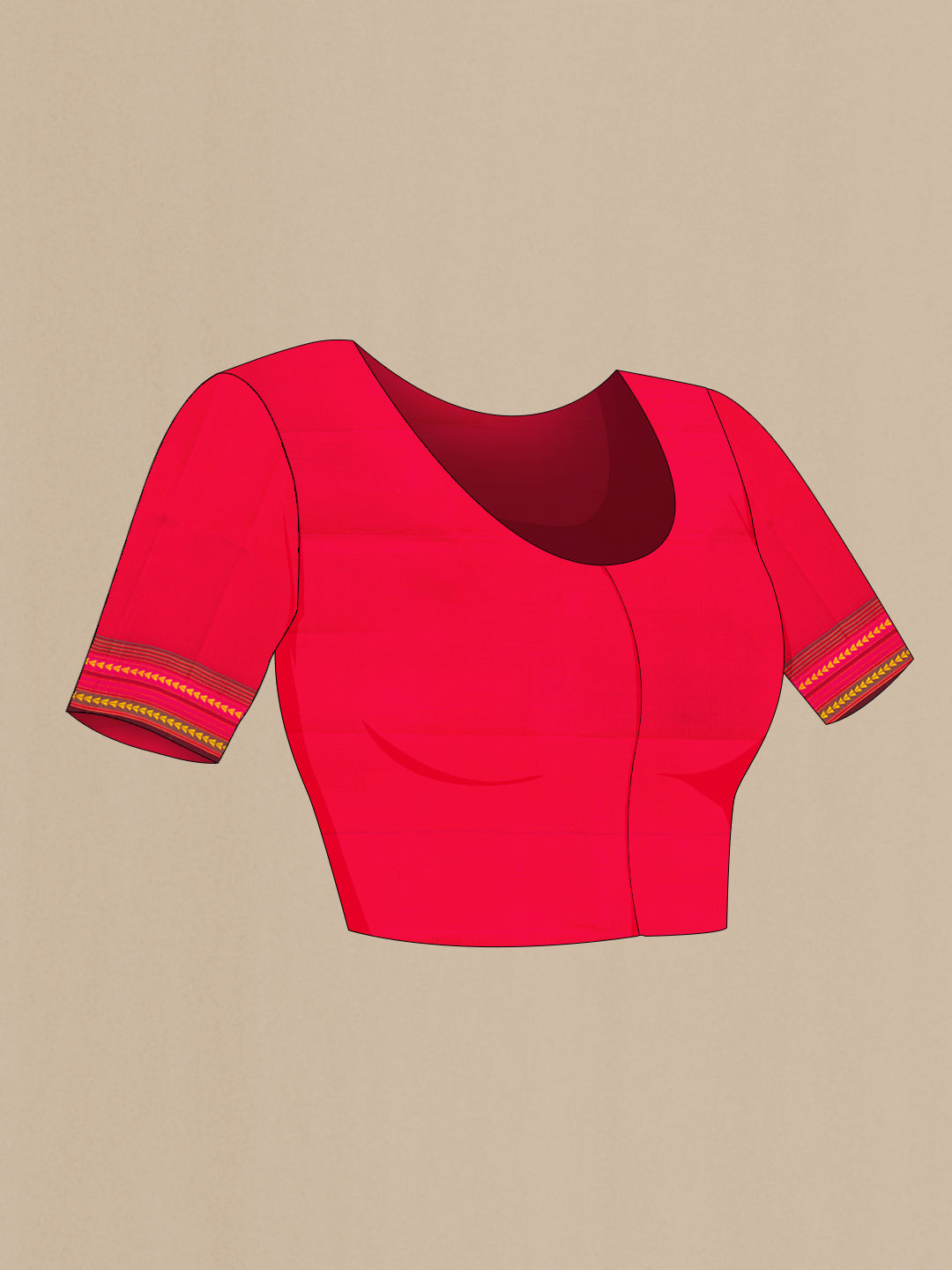 Close up image of the blouse of Red Dual Tone Kanchipuram Silk Saree with Plain Body and Thread Border. 