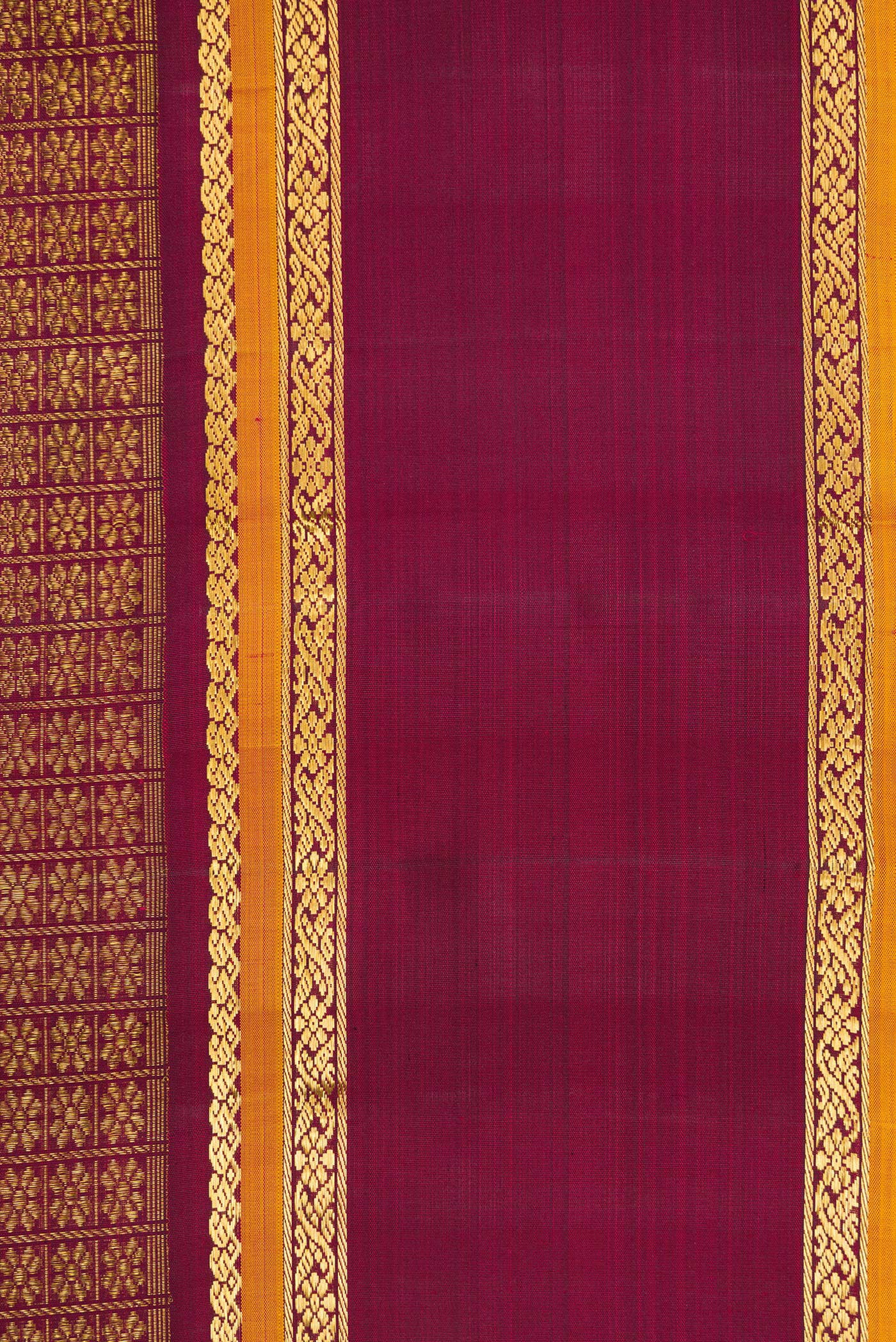 Border image of Burgundy Dual Tone Kanchipuram Silk Saree with Zari Brocade on the body and Zari Border. 