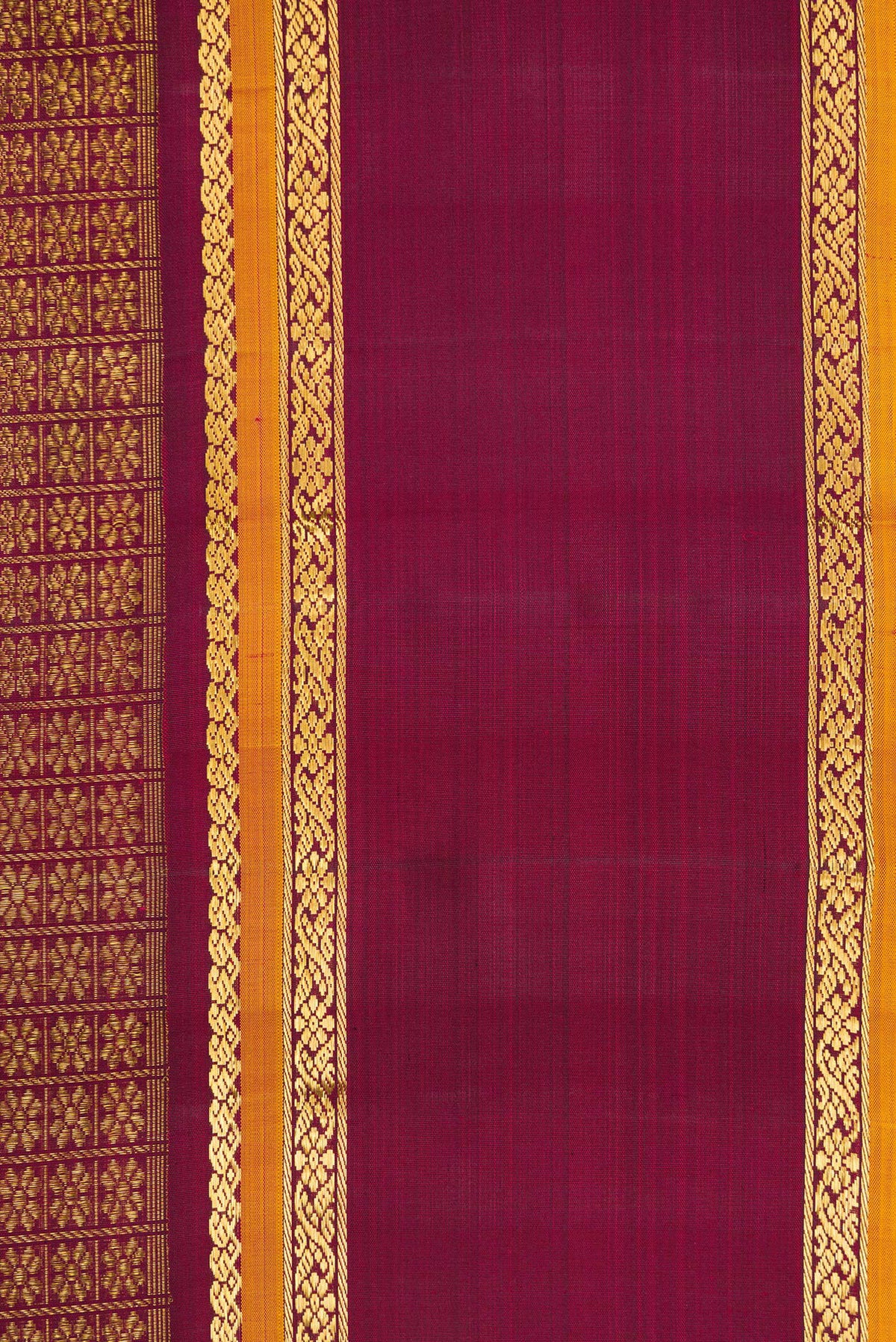 Border image of Burgundy Dual Tone Kanchipuram Silk Saree with Zari Brocade on the body and Zari Border. 