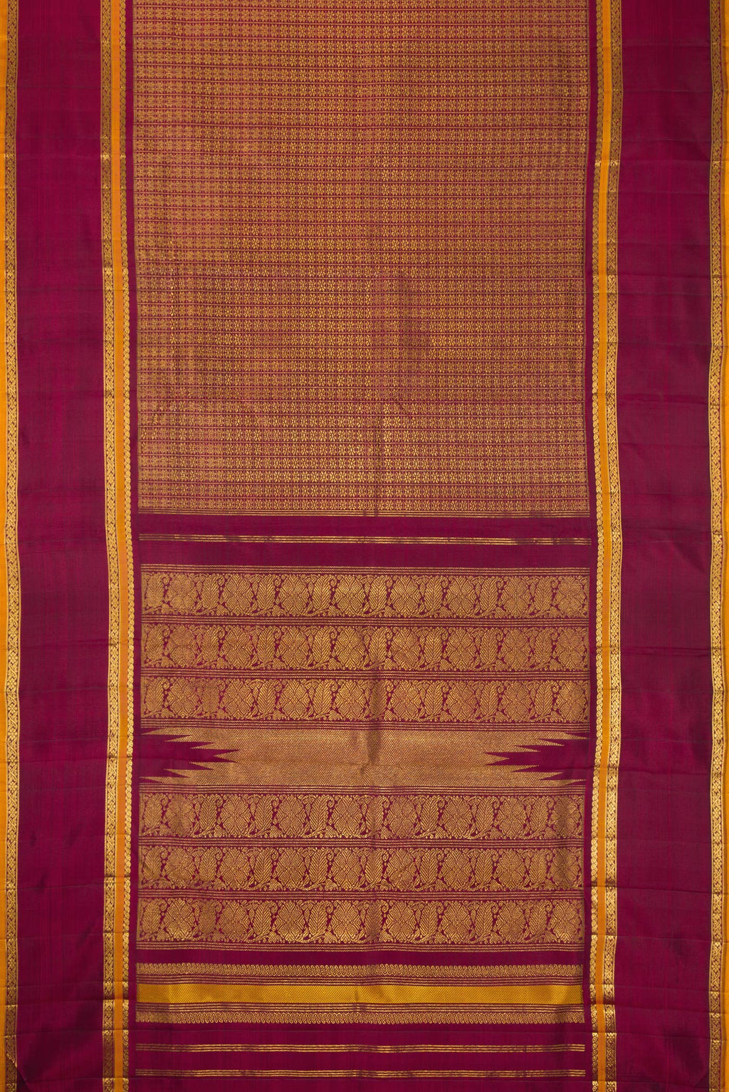 Flat view of Burgundy Dual Tone Kanchipuram Silk Saree with Zari Brocade on the body and Zari Border. 