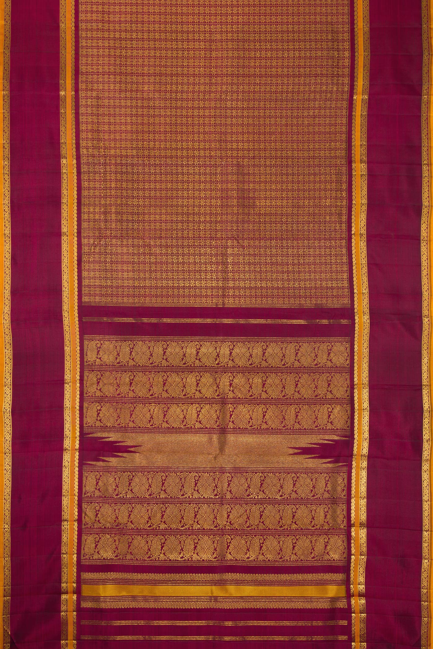 Flat view of Burgundy Dual Tone Kanchipuram Silk Saree with Zari Brocade on the body and Zari Border. 