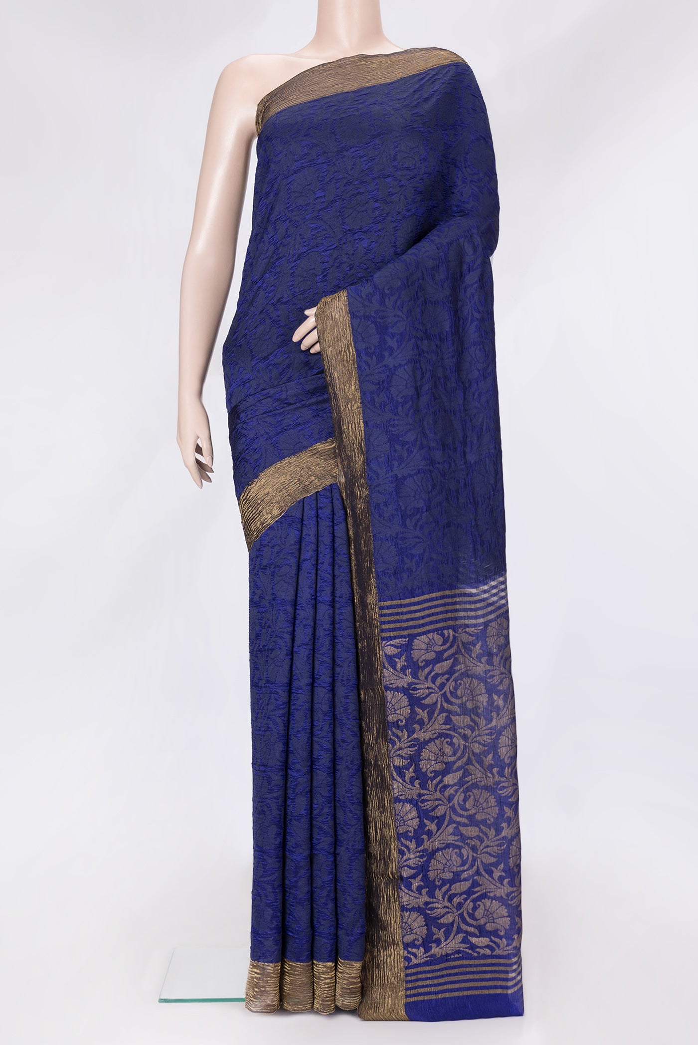 Navy Blue Dual Tone Tussar Silk Saree with Jacquard design on the body and Zari Border.  displayed on a mannequin
