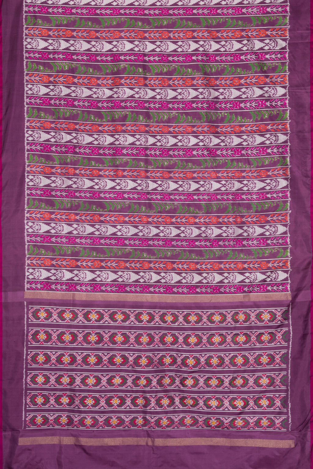 Flat view of Purple Dual Tone Double Ikat Saree with Ikat Print on the body and Plain Border. 
