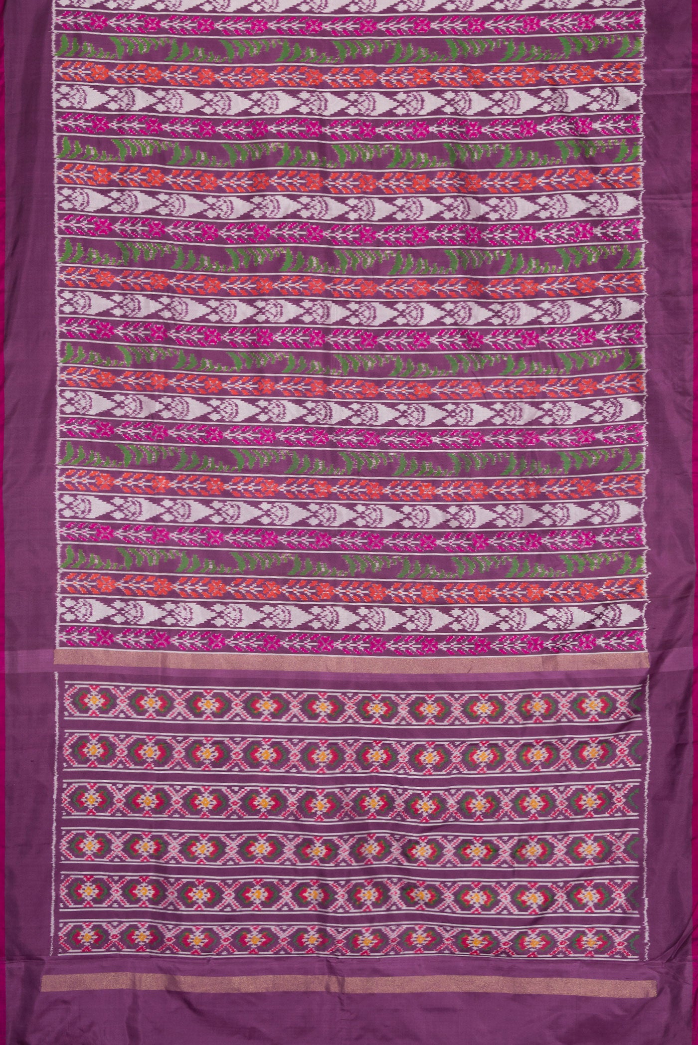 Flat view of Purple Dual Tone Double Ikat Saree with Ikat Print on the body and Plain Border. 