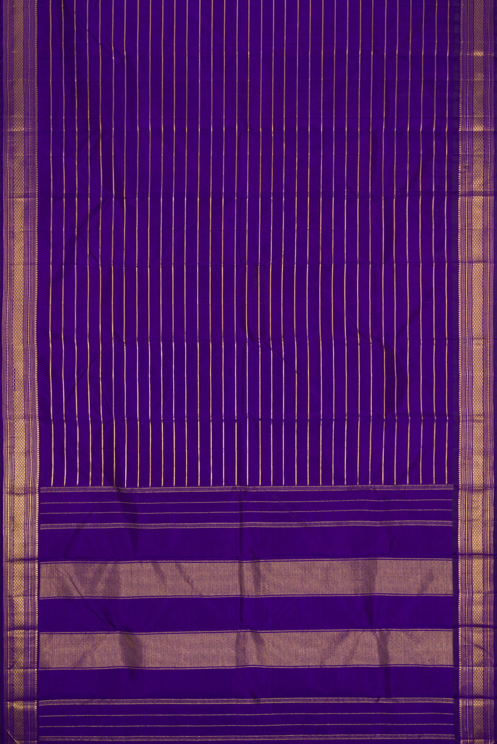 Flat view of Royal Blue Dual Tone Kanjivaram Silk Saree with Stripes on the body and Zari Border. 