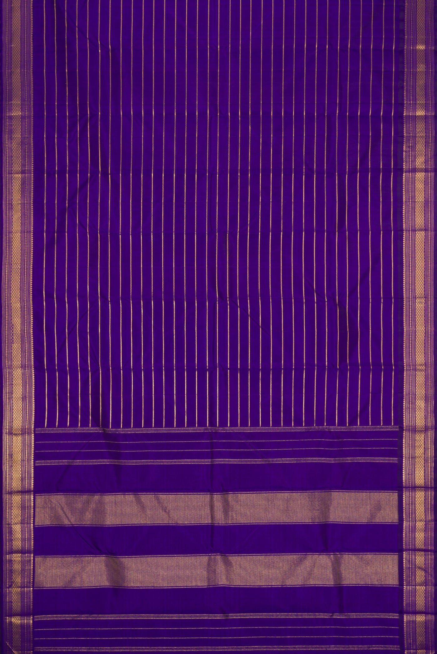 Flat view of Royal Blue Dual Tone Kanjivaram Silk Saree with Stripes on the body and Zari Border. 