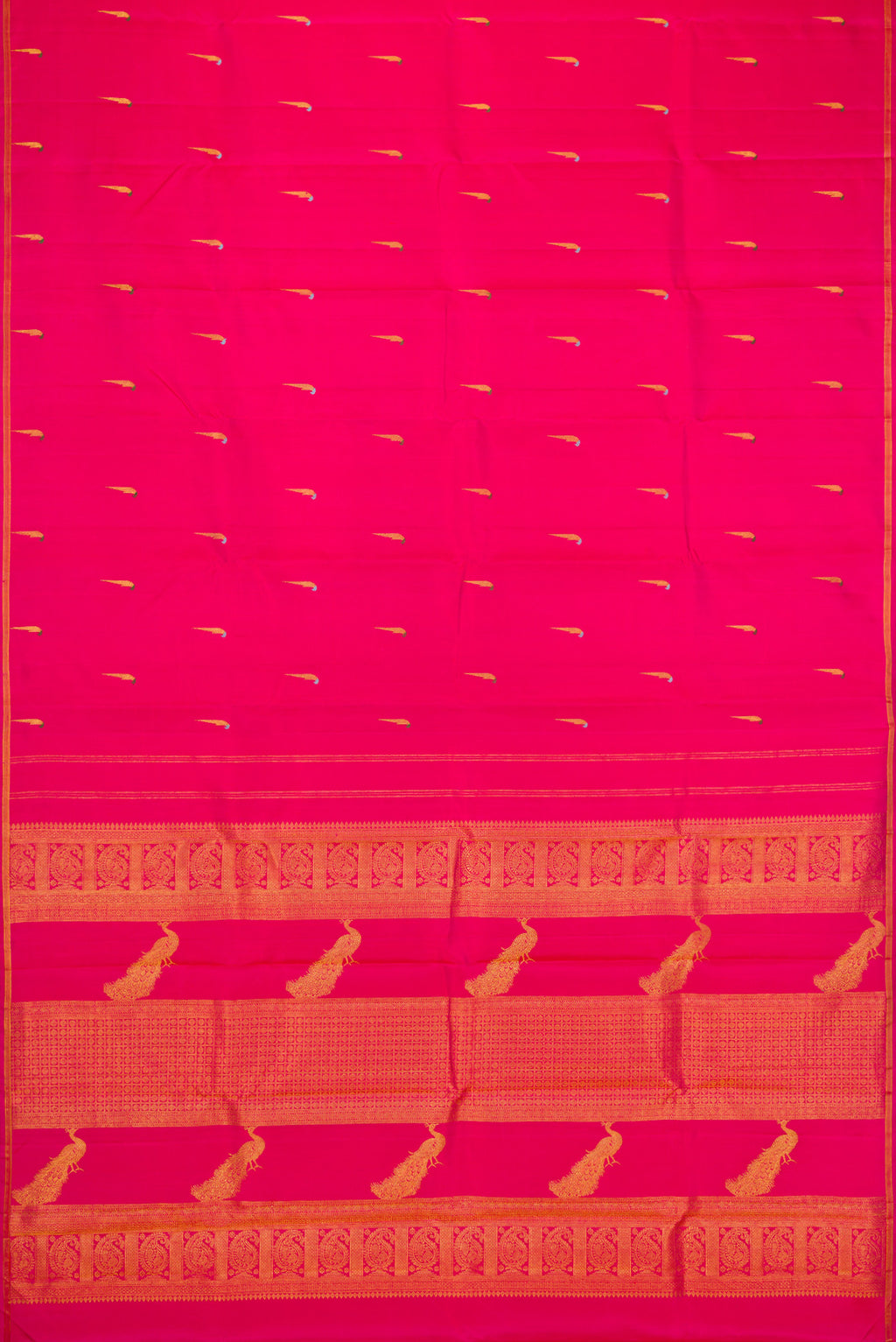 Flat view of Pure Silk Pure Zari Pink Dual Tone Kanjivaram Saree with Zari And Thread Butta on the body and Thin Zari Line. 