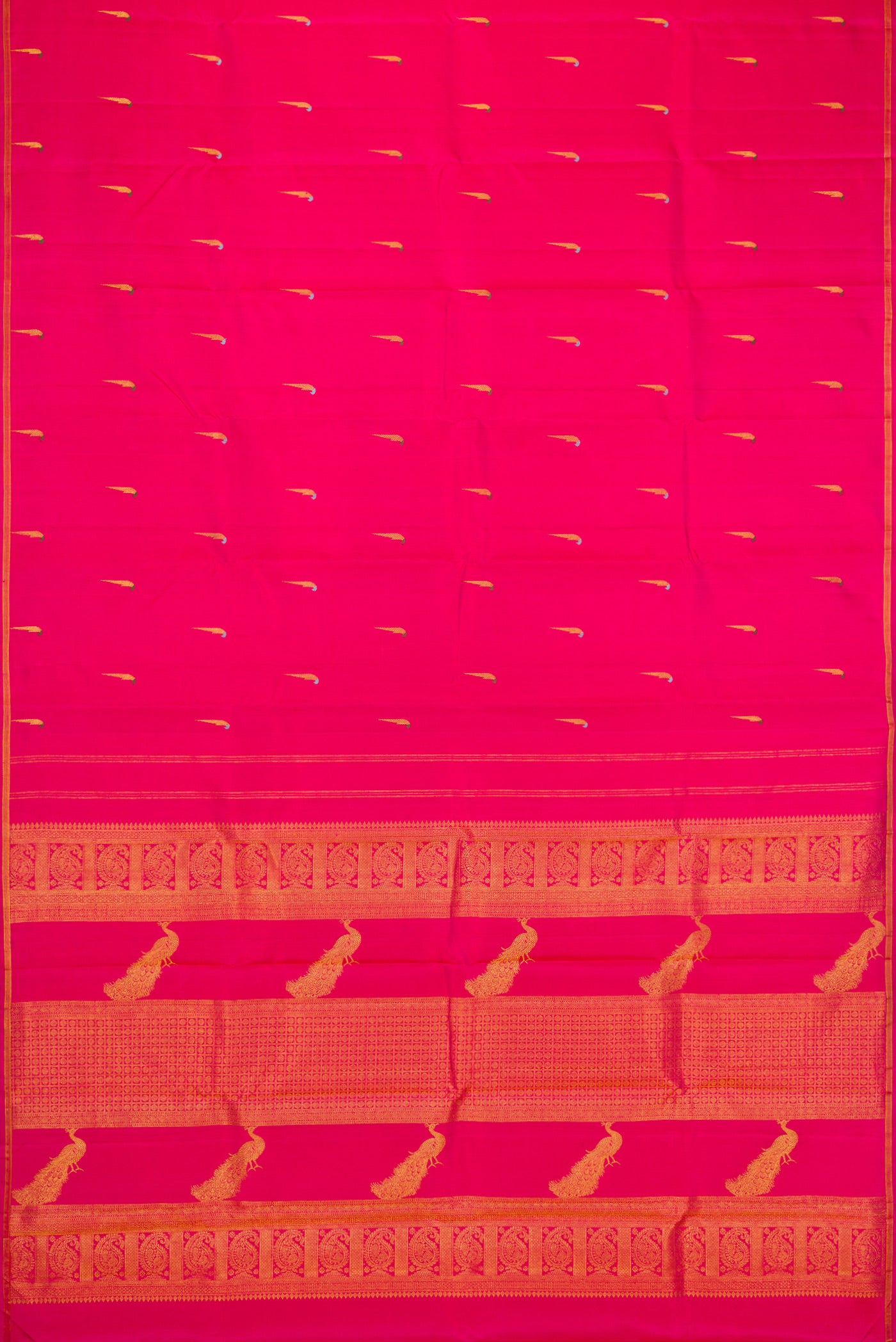Flat view of Pure Silk Pure Zari Pink Dual Tone Kanjivaram Saree with Zari And Thread Butta on the body and Thin Zari Line. 