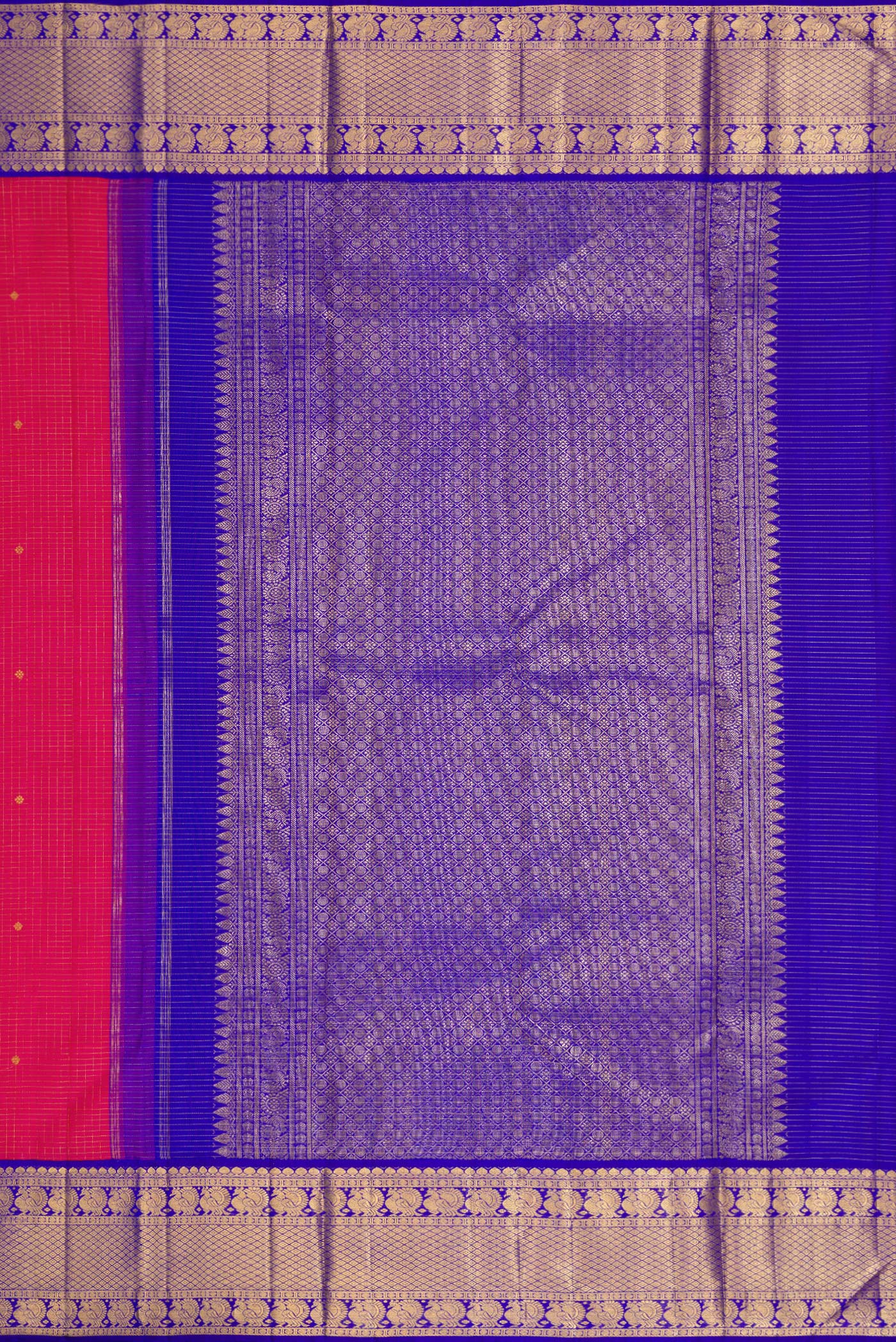Close up image of the pallu of Pure Silk Pure Zari Dark Pink Dual Tone Kanchipuram Saree with Stripes on the body and Zari Border. 