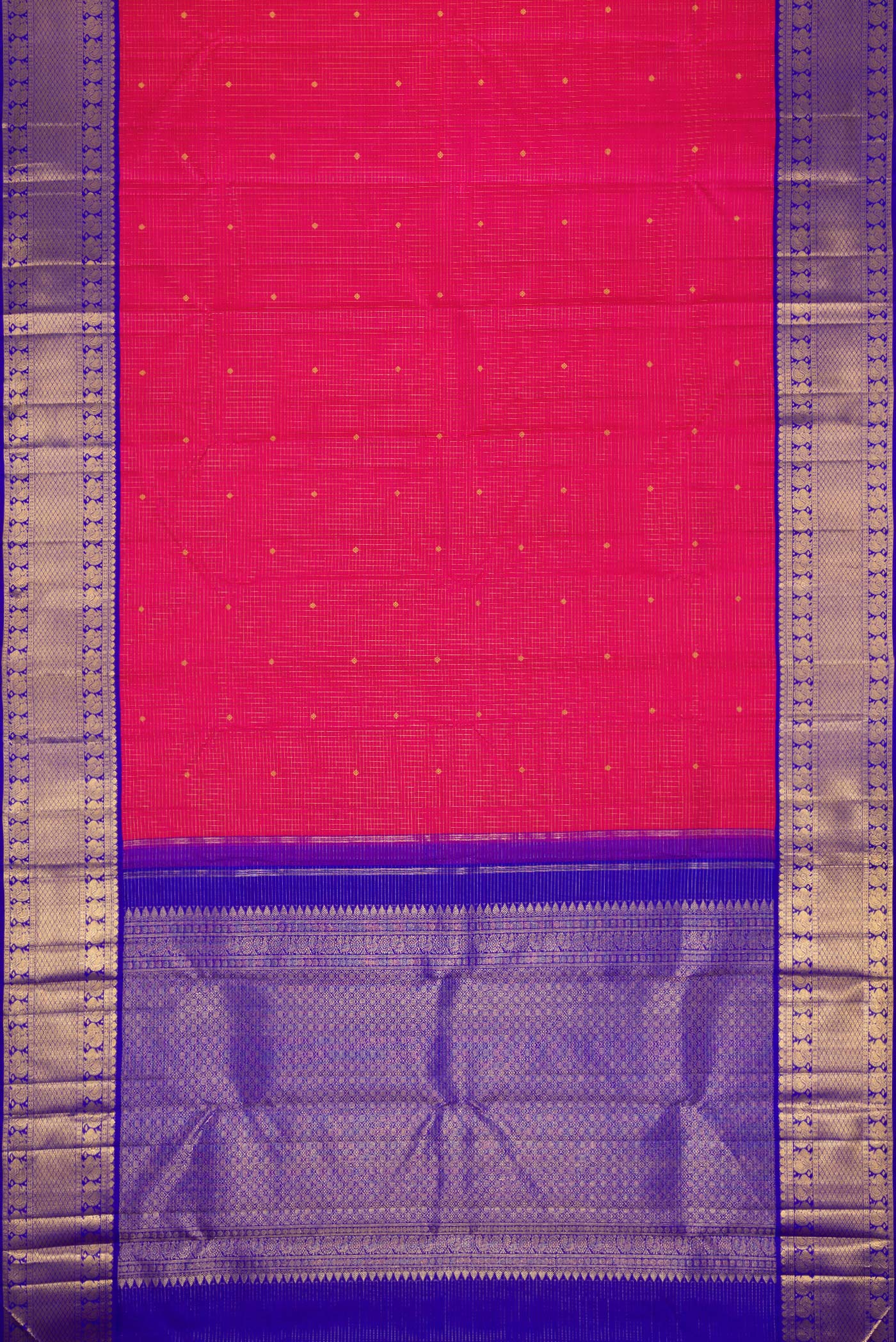 Flat view of Pure Silk Pure Zari Dark Pink Dual Tone Kanchipuram Saree with Stripes on the body and Zari Border. 