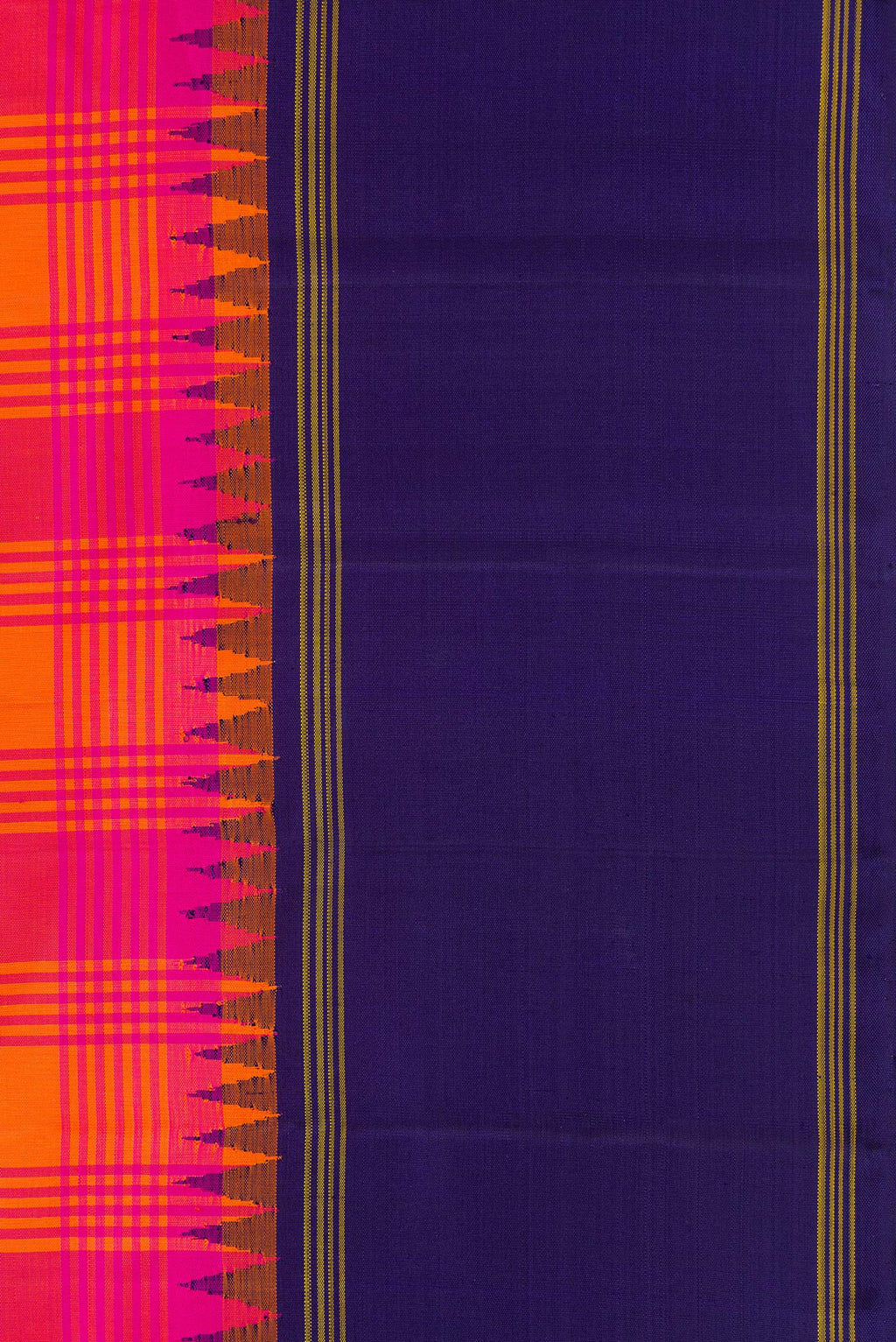 Border image of Pure Silk Pure Zari Orange and Pink Color Kanjivaram Saree with Checked design on the body and Zari Border. 
