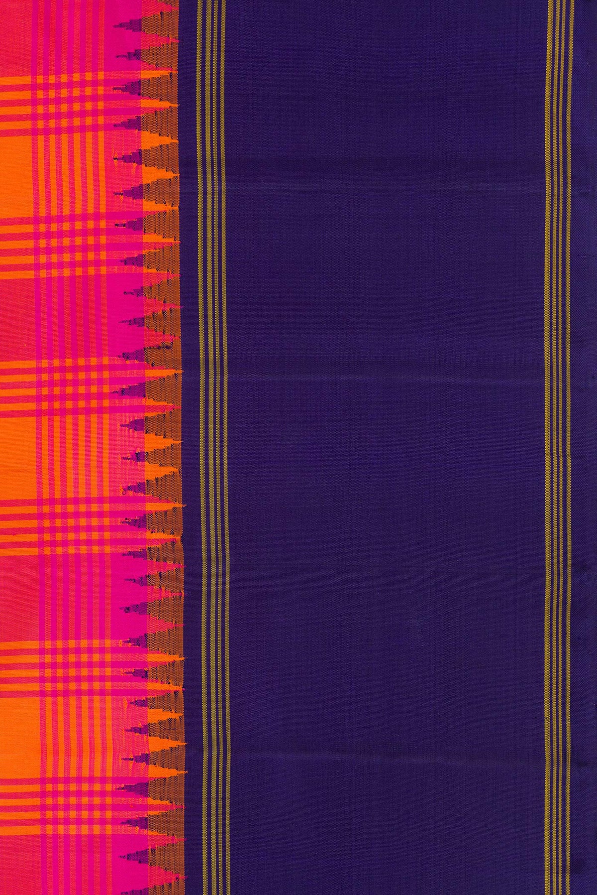 Border image of Pure Silk Pure Zari Orange and Pink Color Kanjivaram Saree with Checked design on the body and Zari Border. 