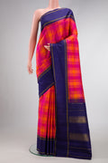 Pure Silk Pure Zari Orange and Pink Color Kanjivaram Saree with Checked design on the body and Zari Border.  displayed on a mannequin