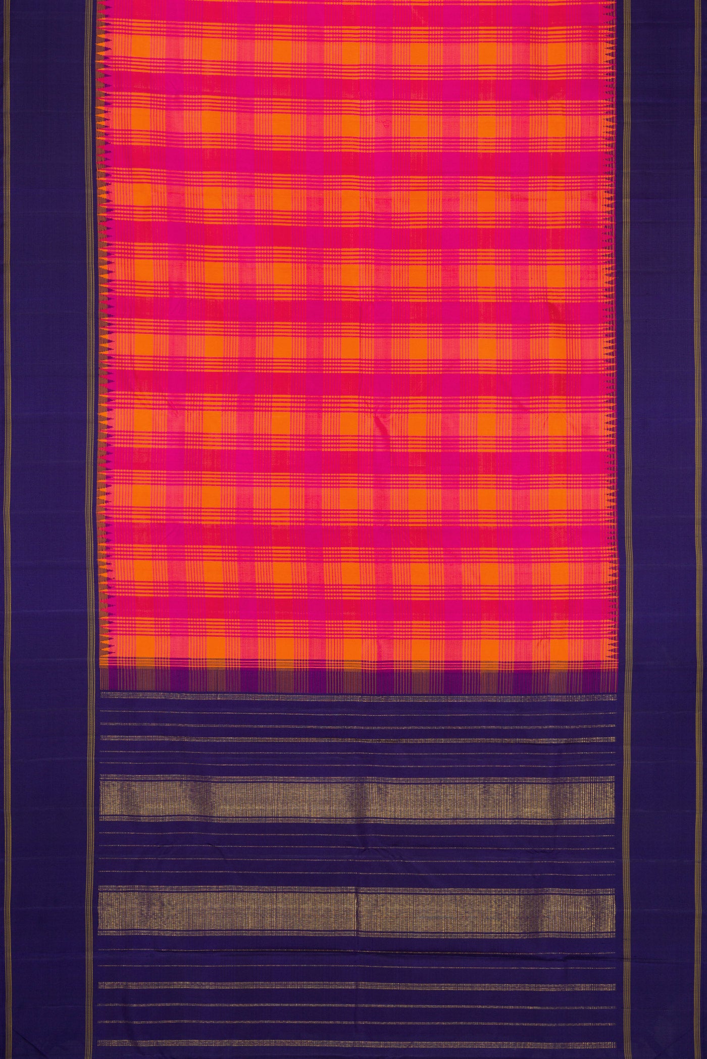Flat view of Pure Silk Pure Zari Orange and Pink Color Kanjivaram Saree with Checked design on the body and Zari Border. 