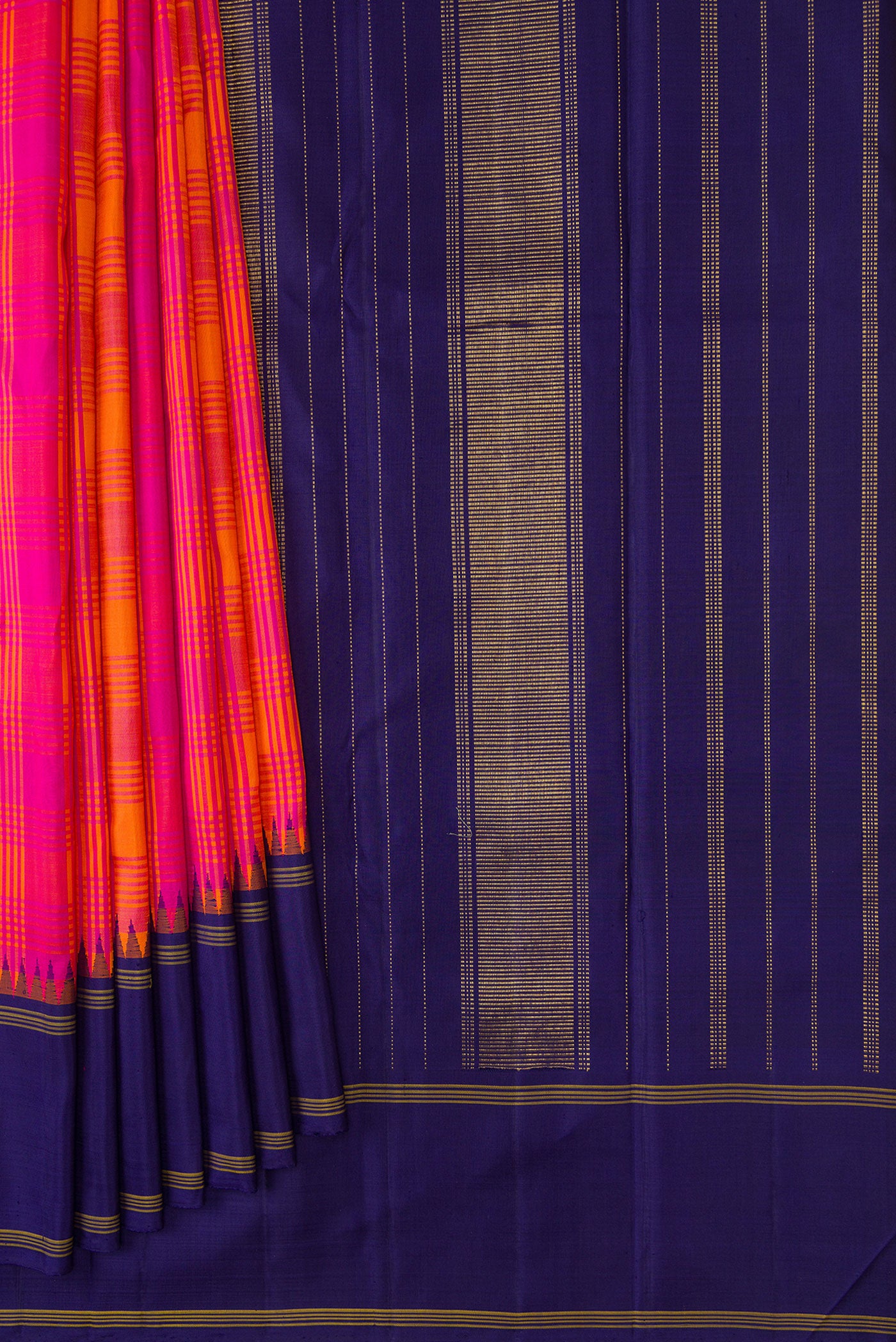 Pleats and pallu of Pure Silk Pure Zari Orange and Pink Color Kanjivaram Saree with Checked design on the body and Zari Border. 
