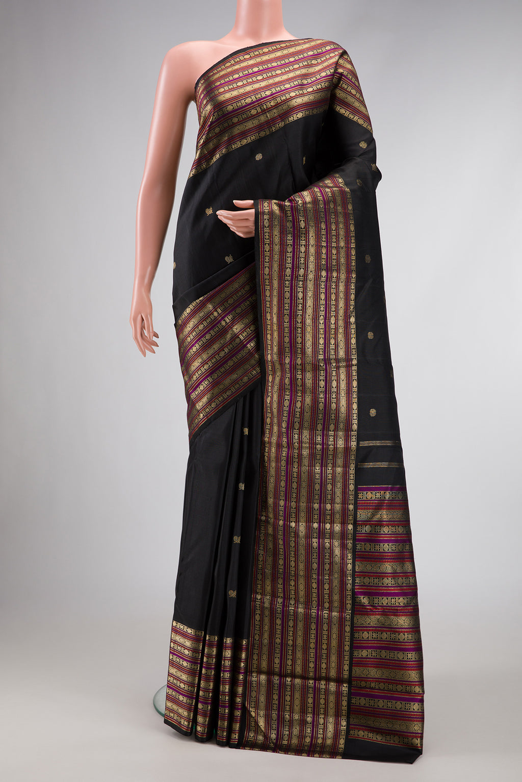Pure Silk Pure Zari Coffee Brown Dual Tone Kanjivaram Saree with Zari Butta on the body and Zari Border.  displayed on a mannequin