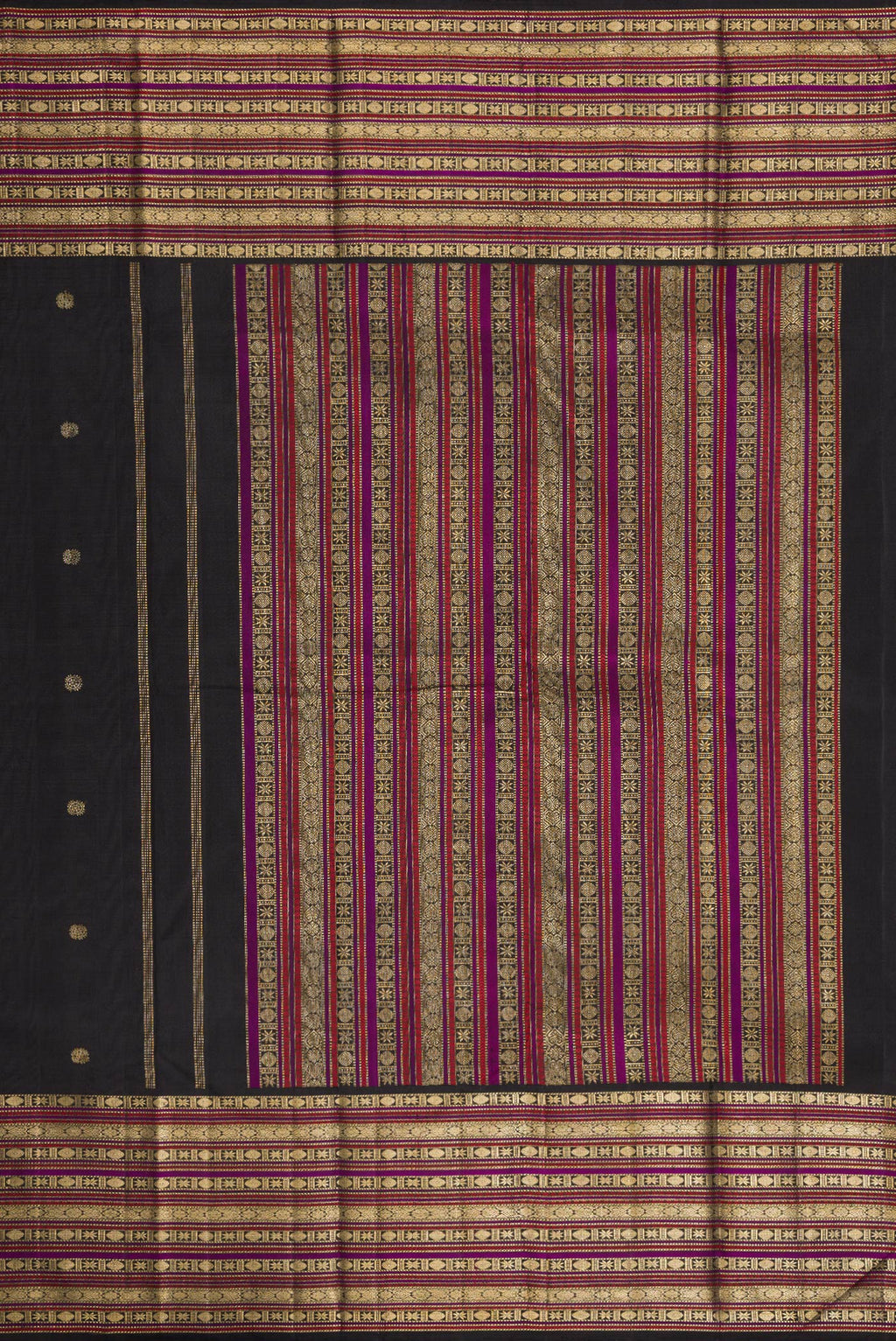Close up image of the pallu of Pure Silk Pure Zari Coffee Brown Dual Tone Kanjivaram Saree with Zari Butta on the body and Zari Border. 