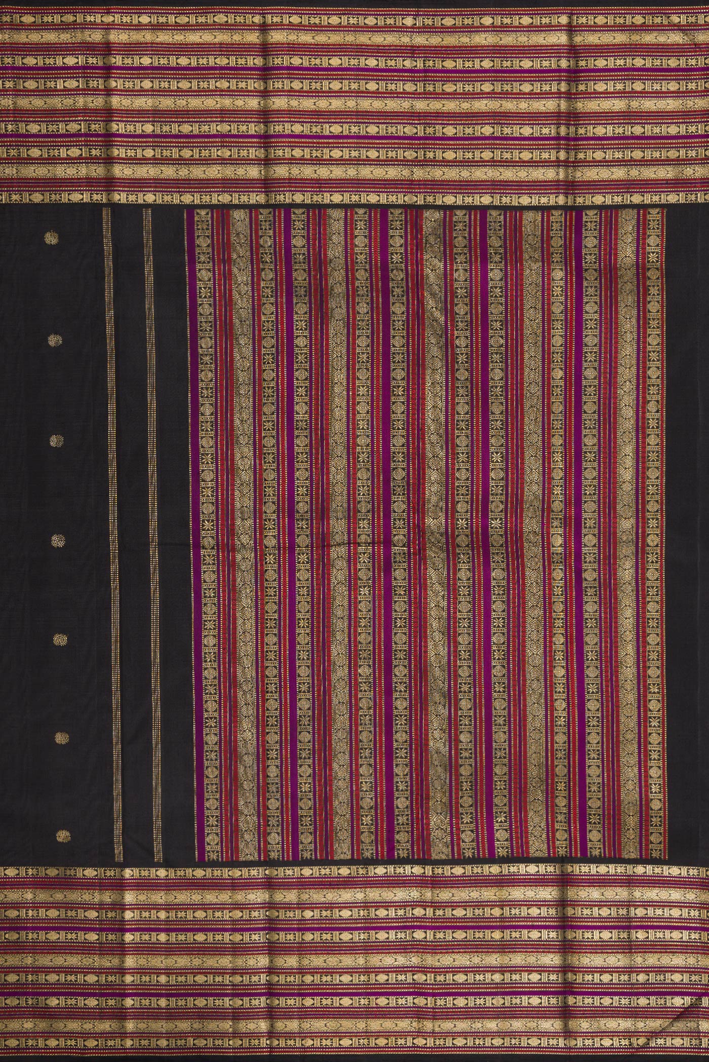 Close up image of the pallu of Pure Silk Pure Zari Coffee Brown Dual Tone Kanjivaram Saree with Zari Butta on the body and Zari Border. 