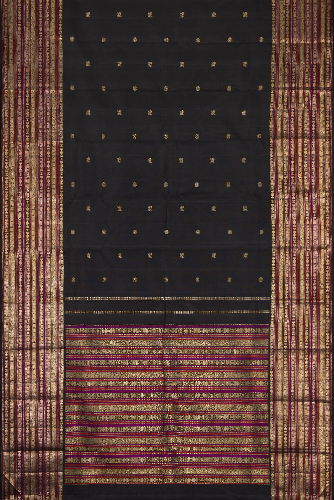 Flat view of Pure Silk Pure Zari Coffee Brown Dual Tone Kanjivaram Saree with Zari Butta on the body and Zari Border. 